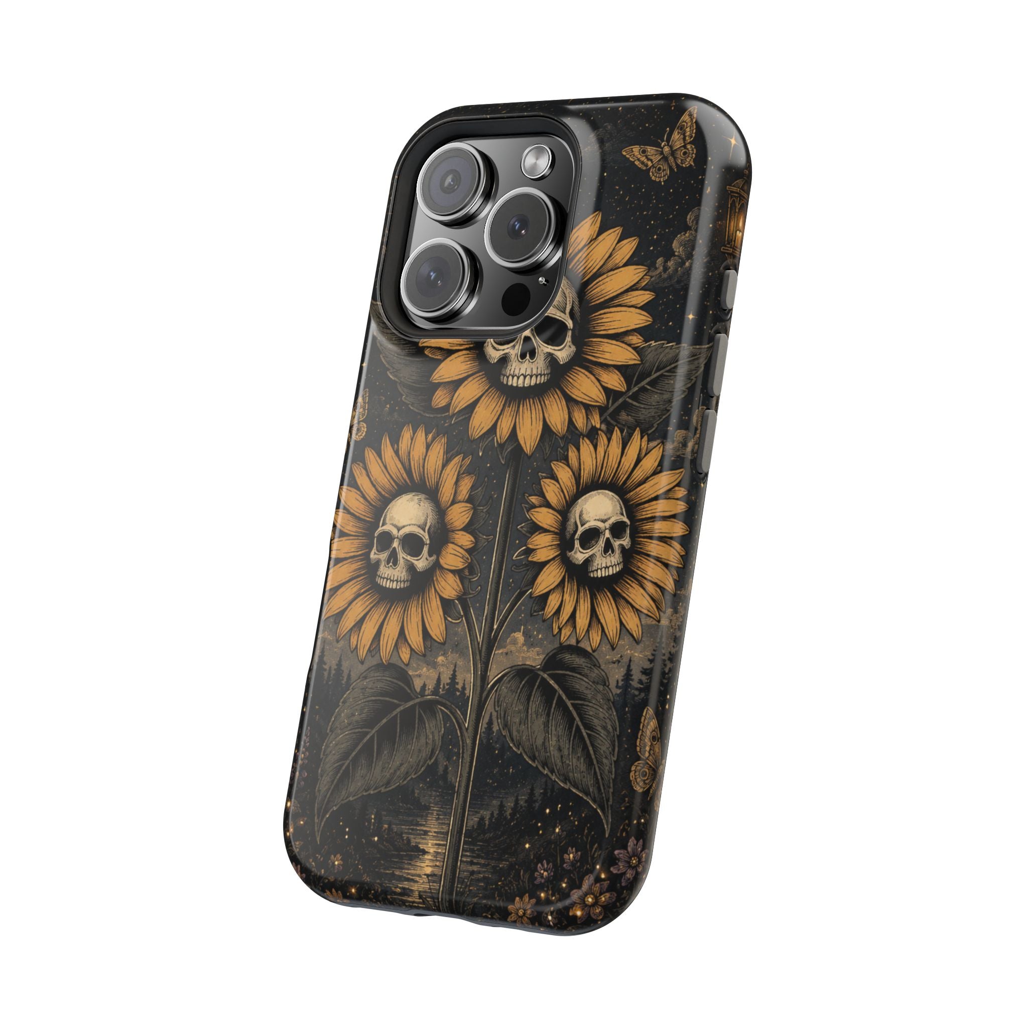 Skull Sunflowers Phone Case – Dark Floral MagSafe-Compatible Cover