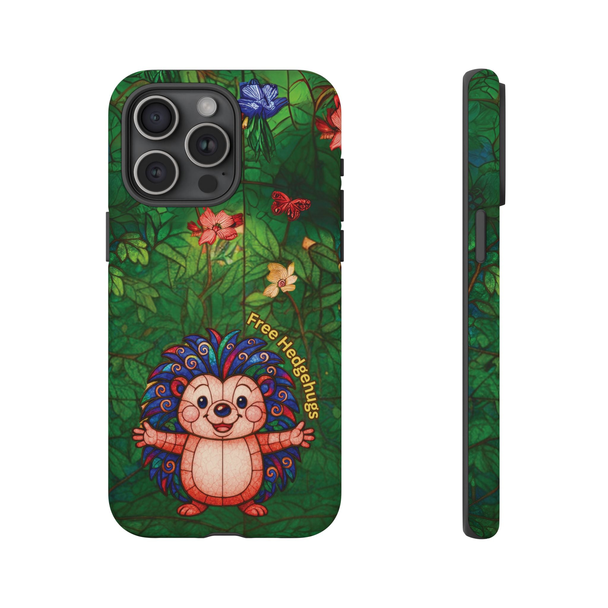 Stained Glass Hedgehog Phone Case – "Free Hedgehugs" Floral Design
