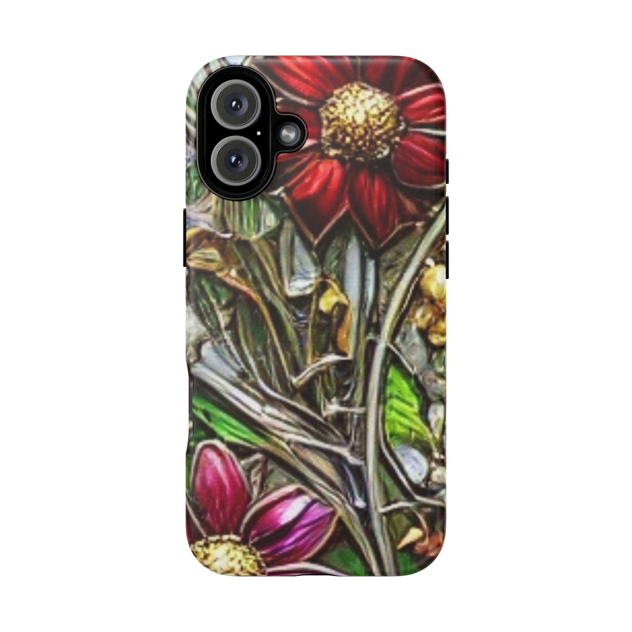Floral Stained Glass Phone Case – Metallic Red & Purple Flower Design