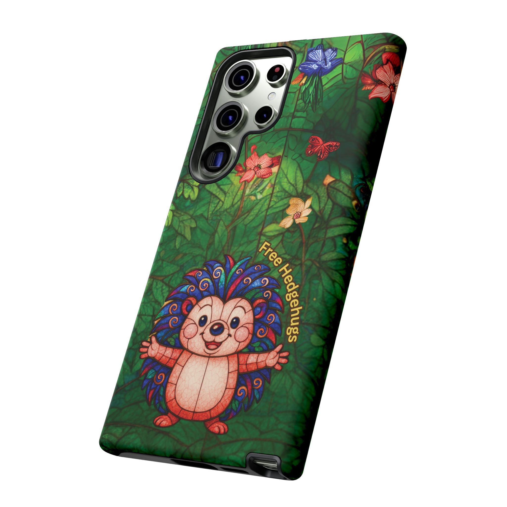 Stained Glass Hedgehog Phone Case – "Free Hedgehugs" Floral Design