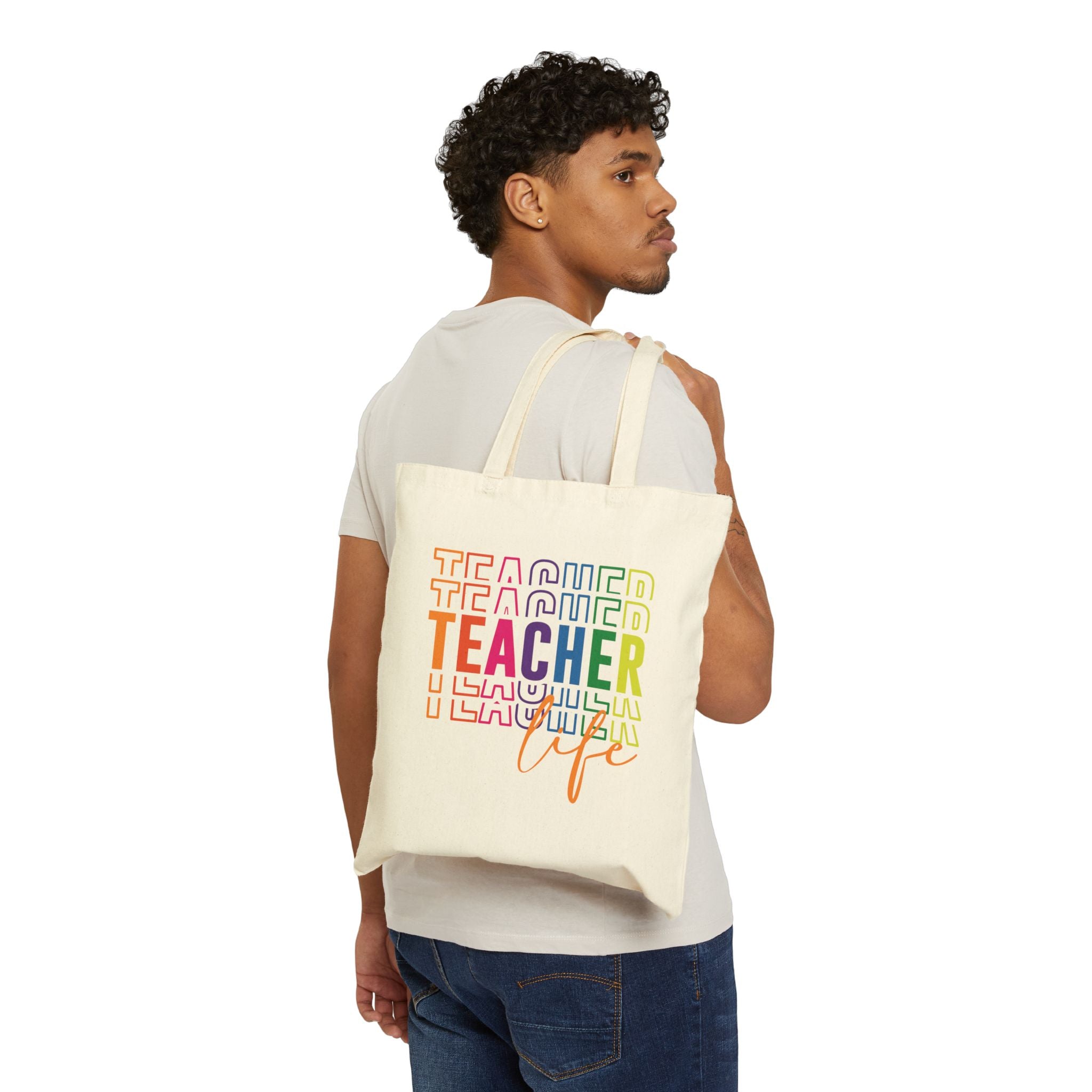 Colorful Teacher Life Tote Bag, End of Year Teacher Appreciation Gift, Reusable Rainbow Shopping Bag
