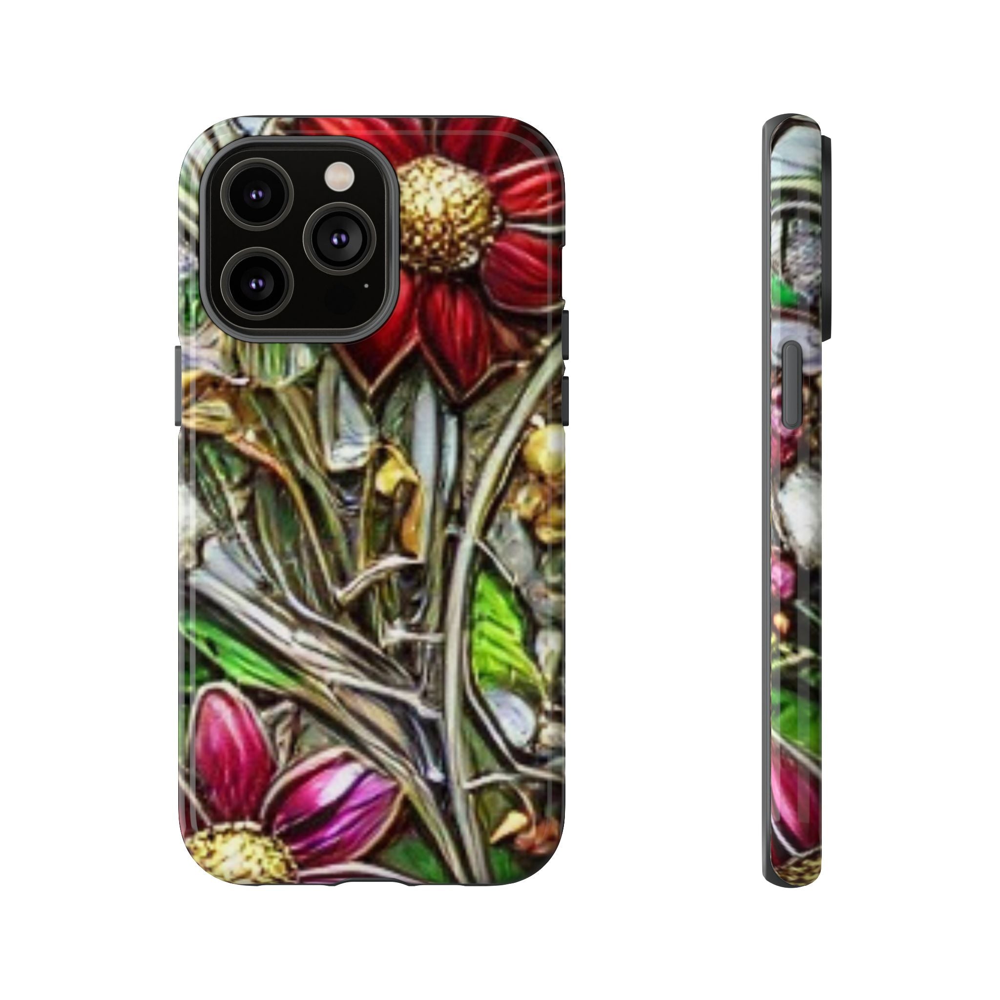 Floral Stained Glass Phone Case – Metallic Red & Purple Flower Design