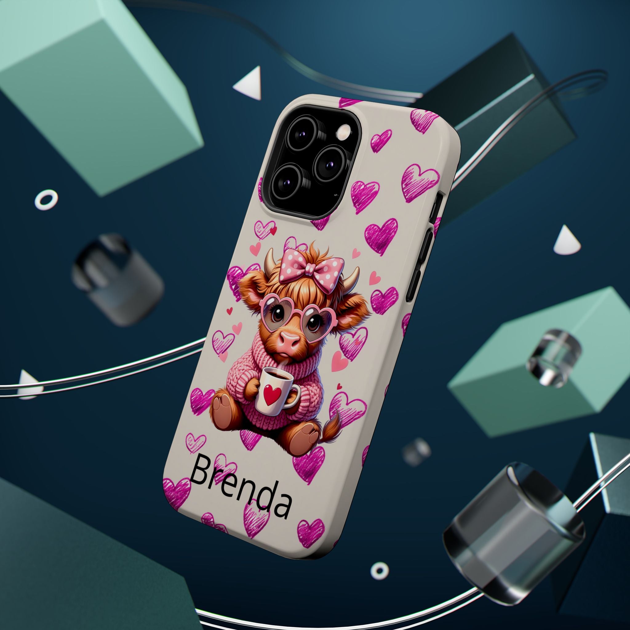 Highland Cow With Pink Hearts iPhone Case, Valentines Magnetic Impact-Resistant Case