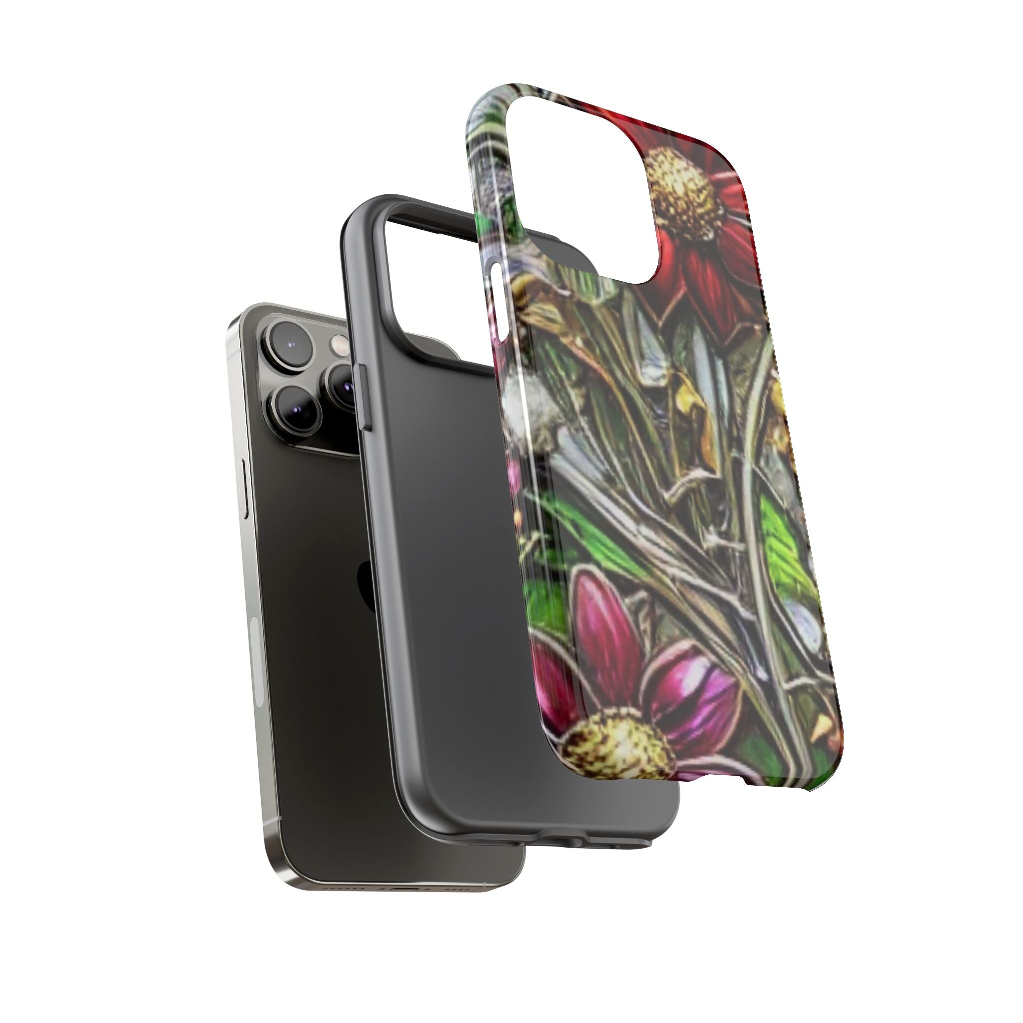 Floral Stained Glass Phone Case – Metallic Red & Purple Flower Design