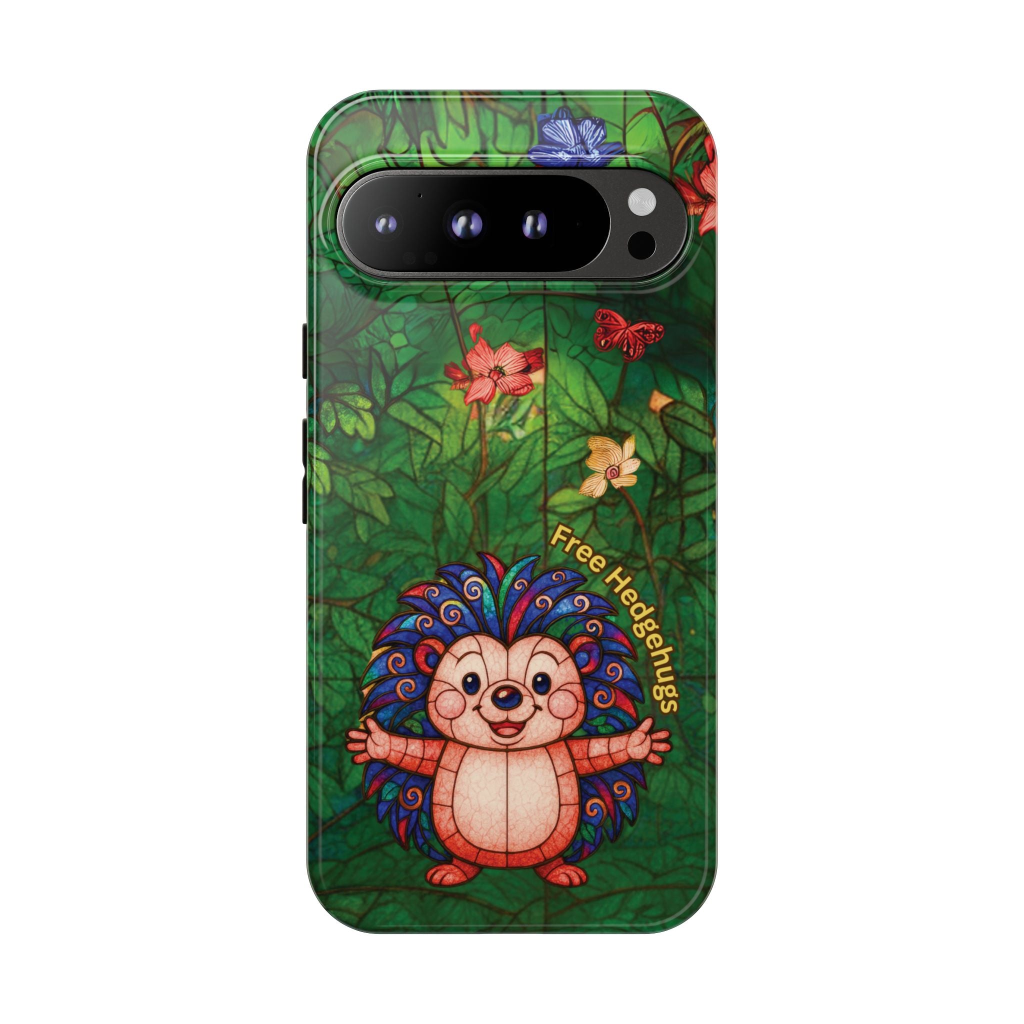 Stained Glass Hedgehog Phone Case – "Free Hedgehugs" Floral Design