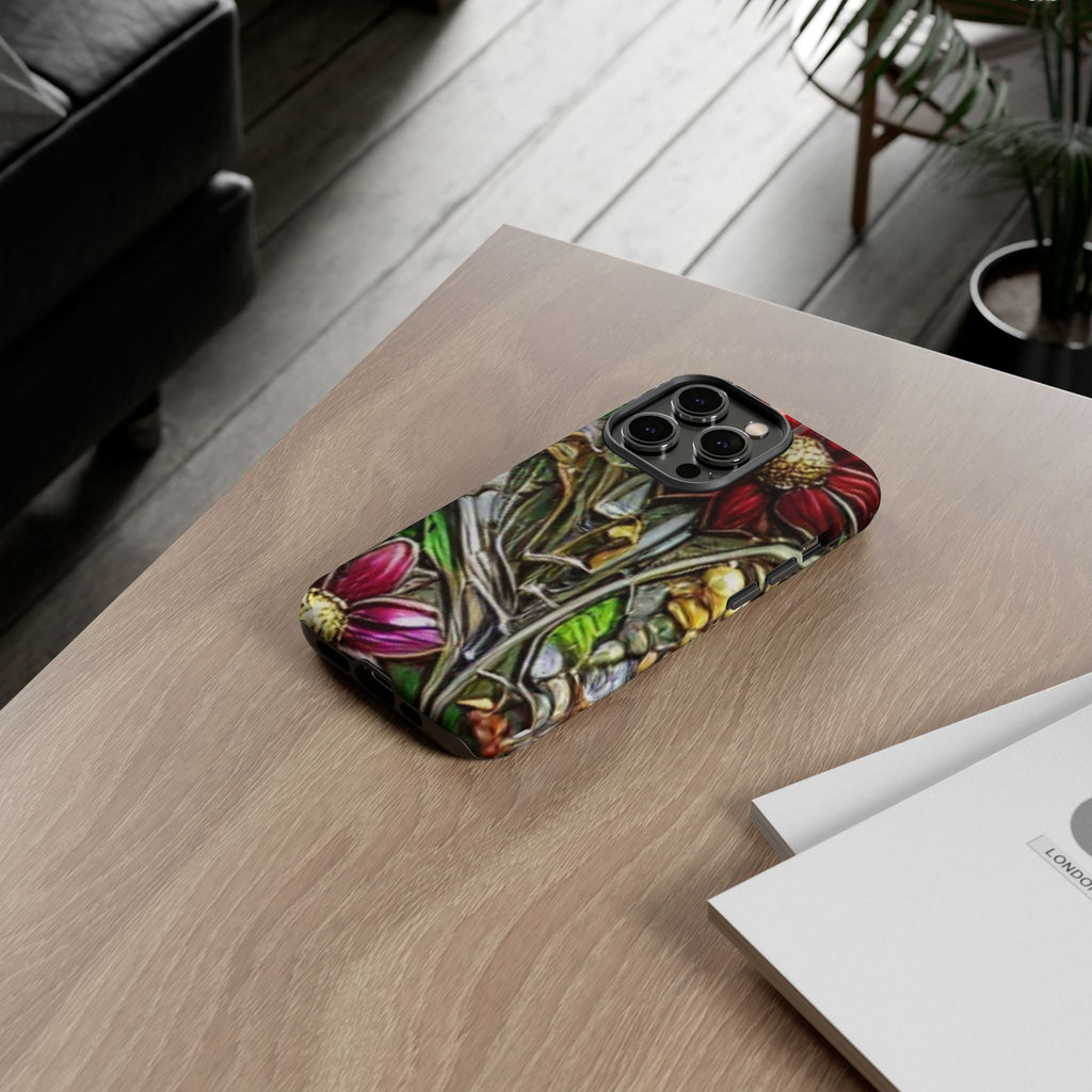 Floral Stained Glass Phone Case – Metallic Red & Purple Flower Design
