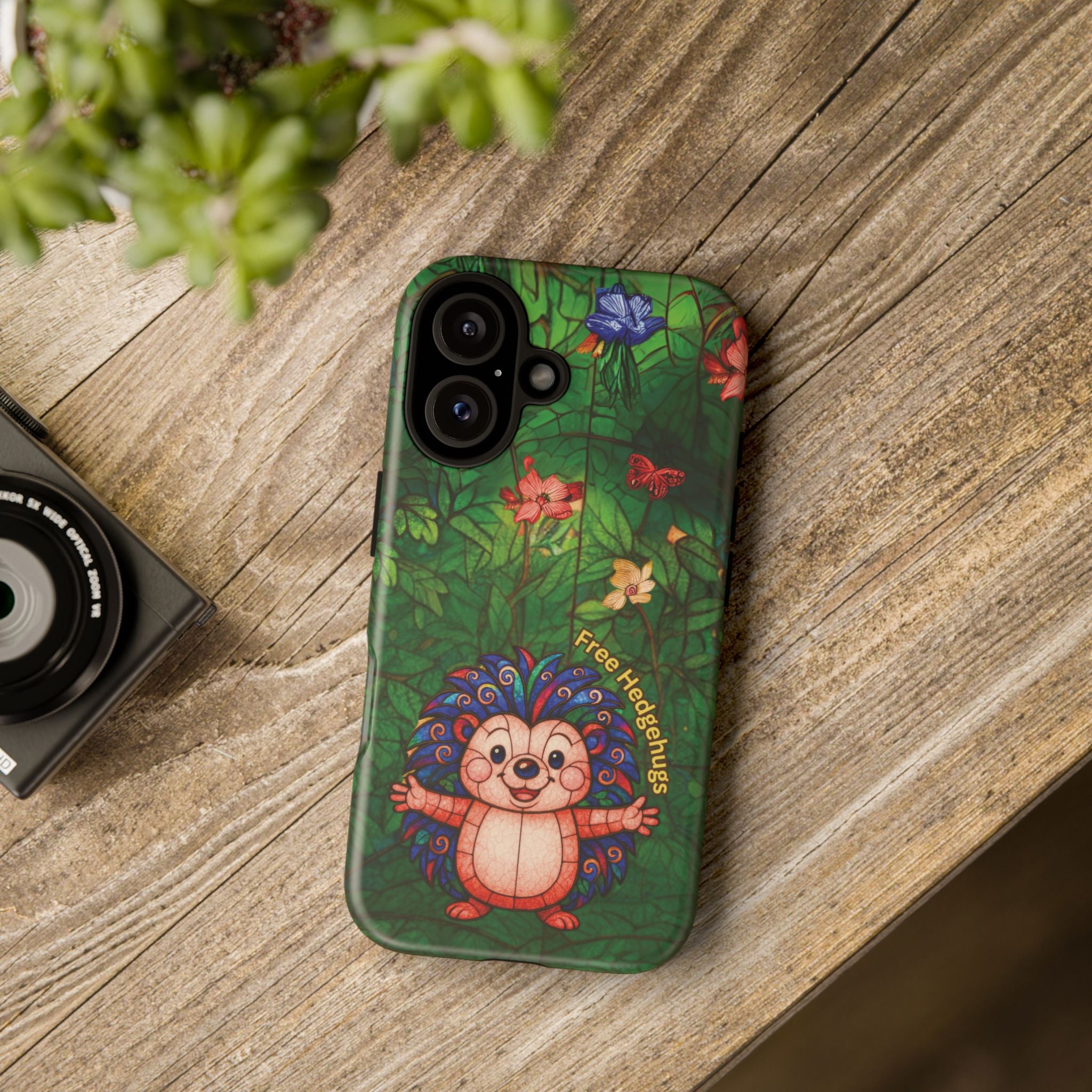 Stained Glass Hedgehog Phone Case – "Free Hedgehugs" Floral Design