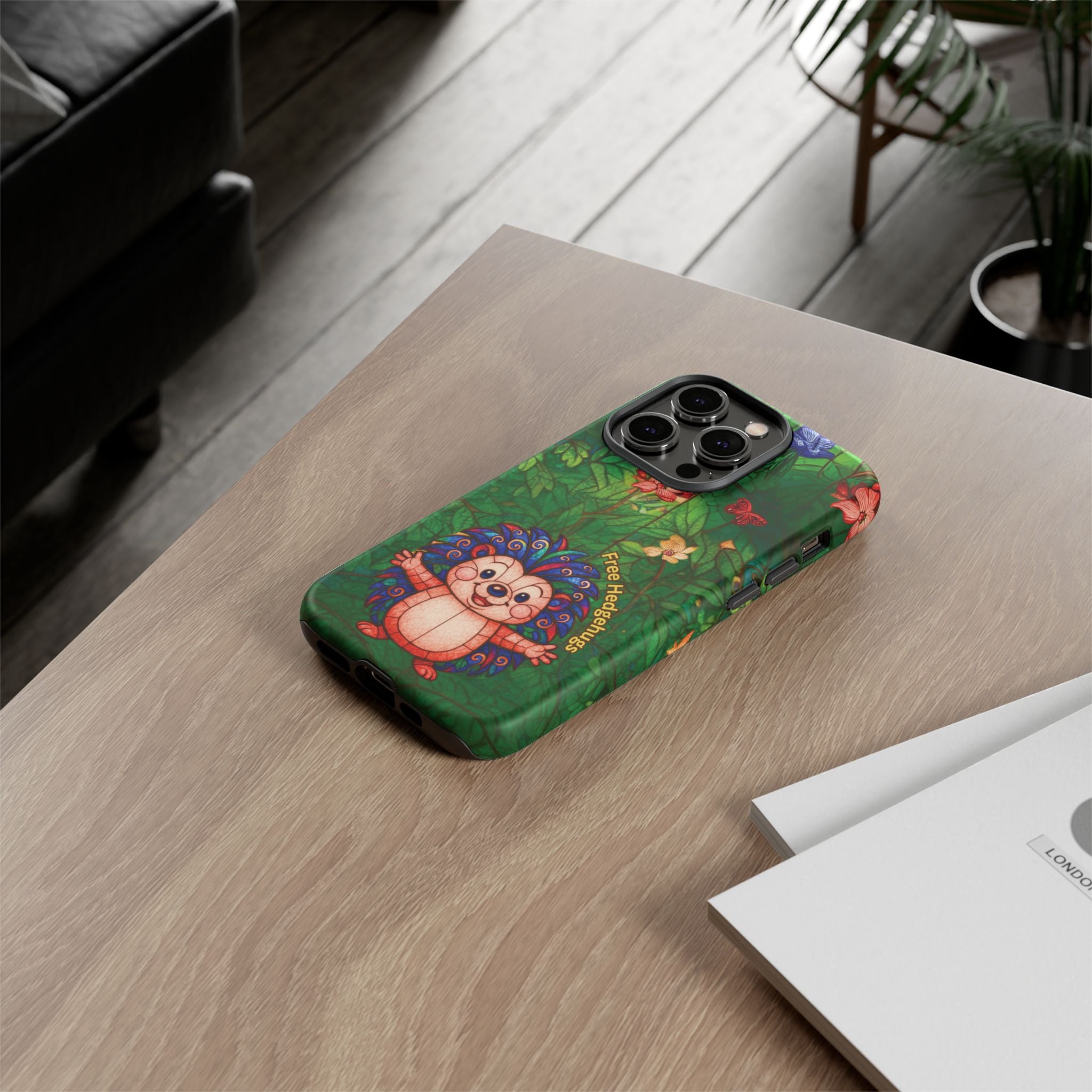 Stained Glass Hedgehog Phone Case – "Free Hedgehugs" Floral Design