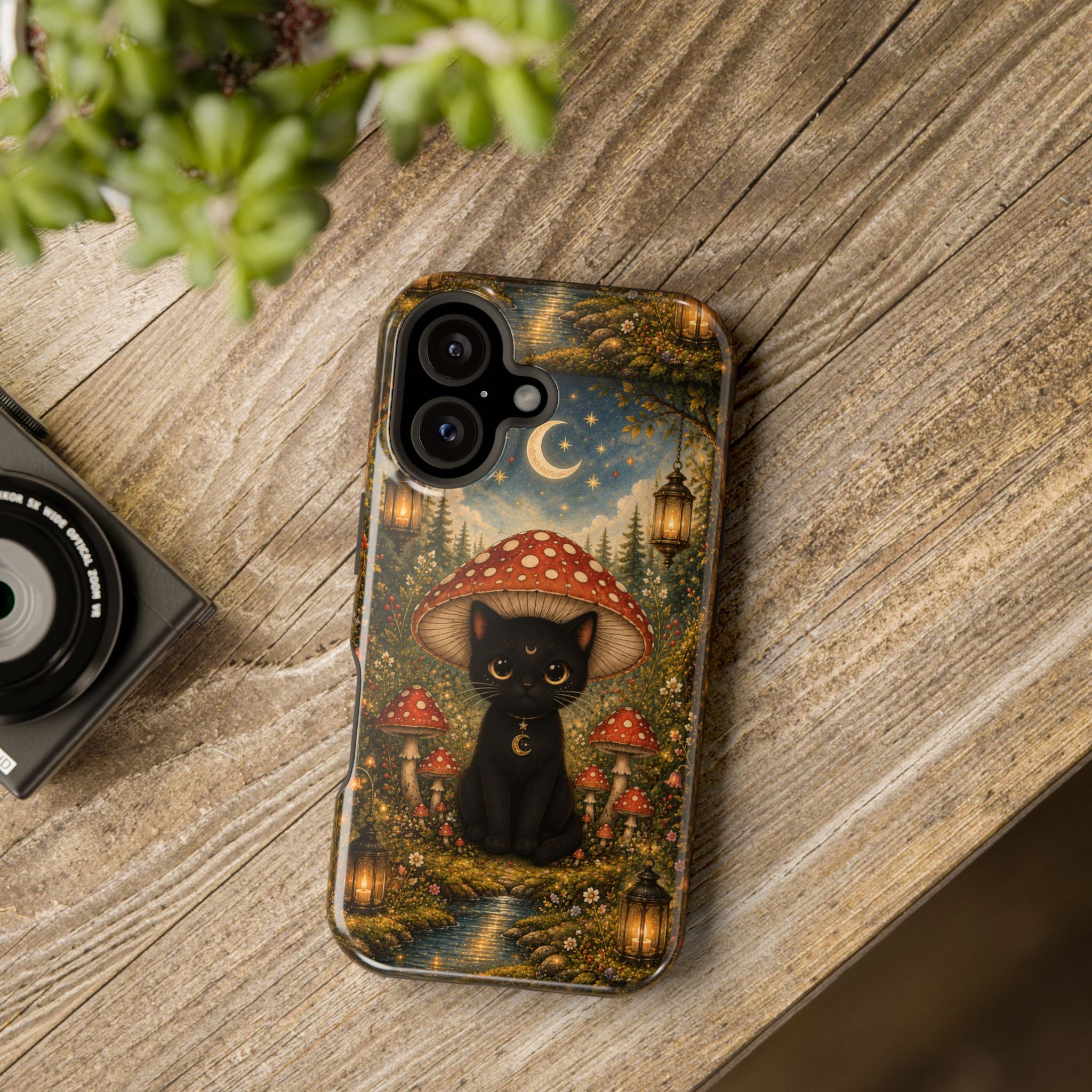 Black Cat & Mushroom Phone Case – Magical MagSafe-Compatible Cover