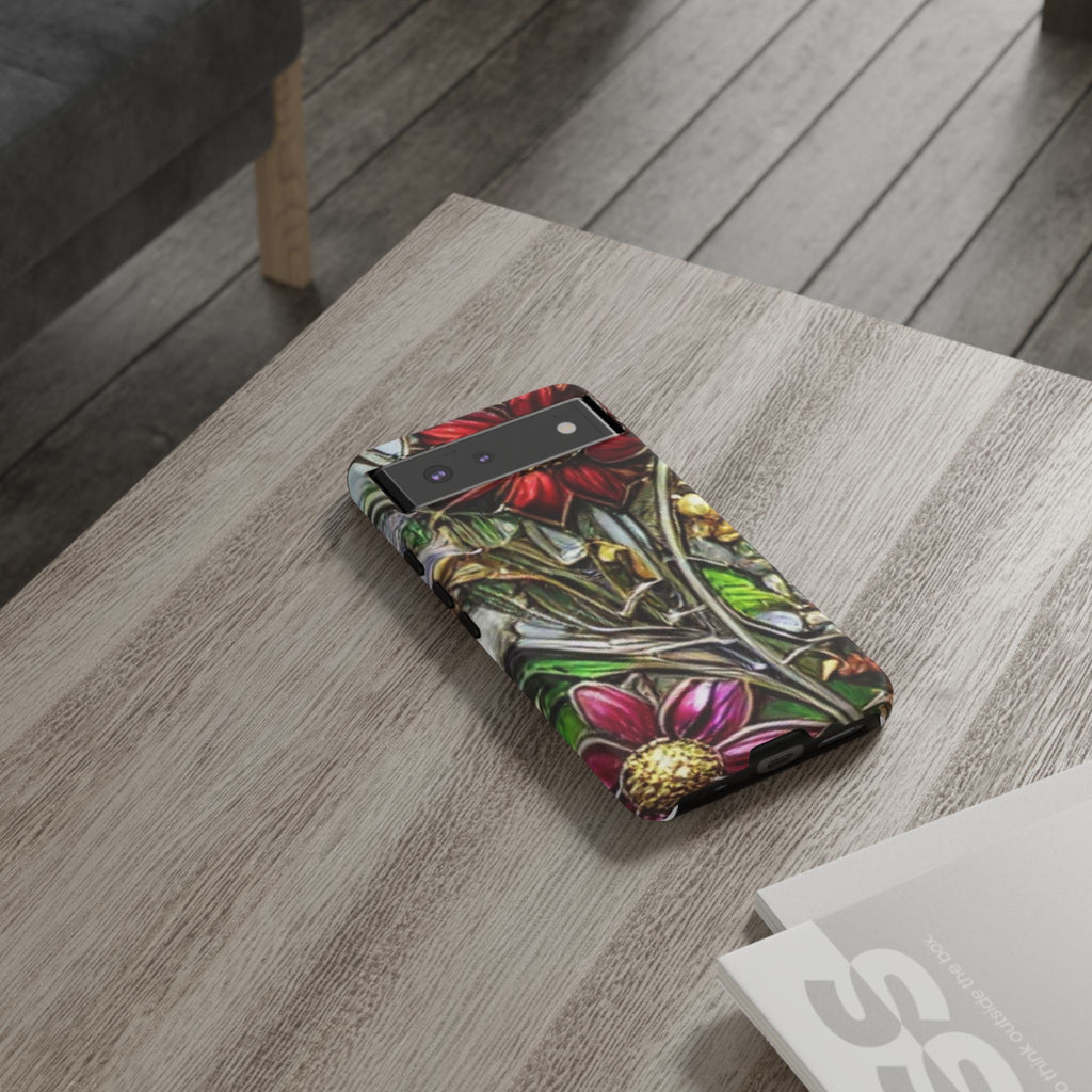 Floral Stained Glass Phone Case – Metallic Red & Purple Flower Design