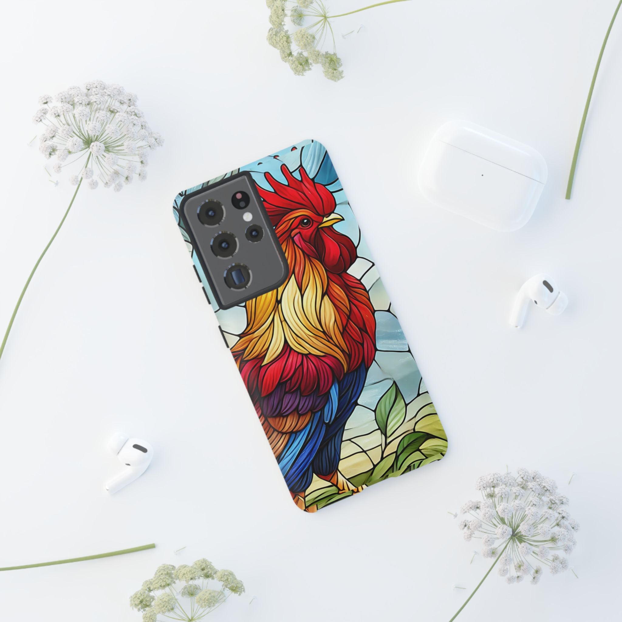 Rooster Faux Stained Glass Phone Case – 3D Full-Wrap Protective Cover with TPU Liner