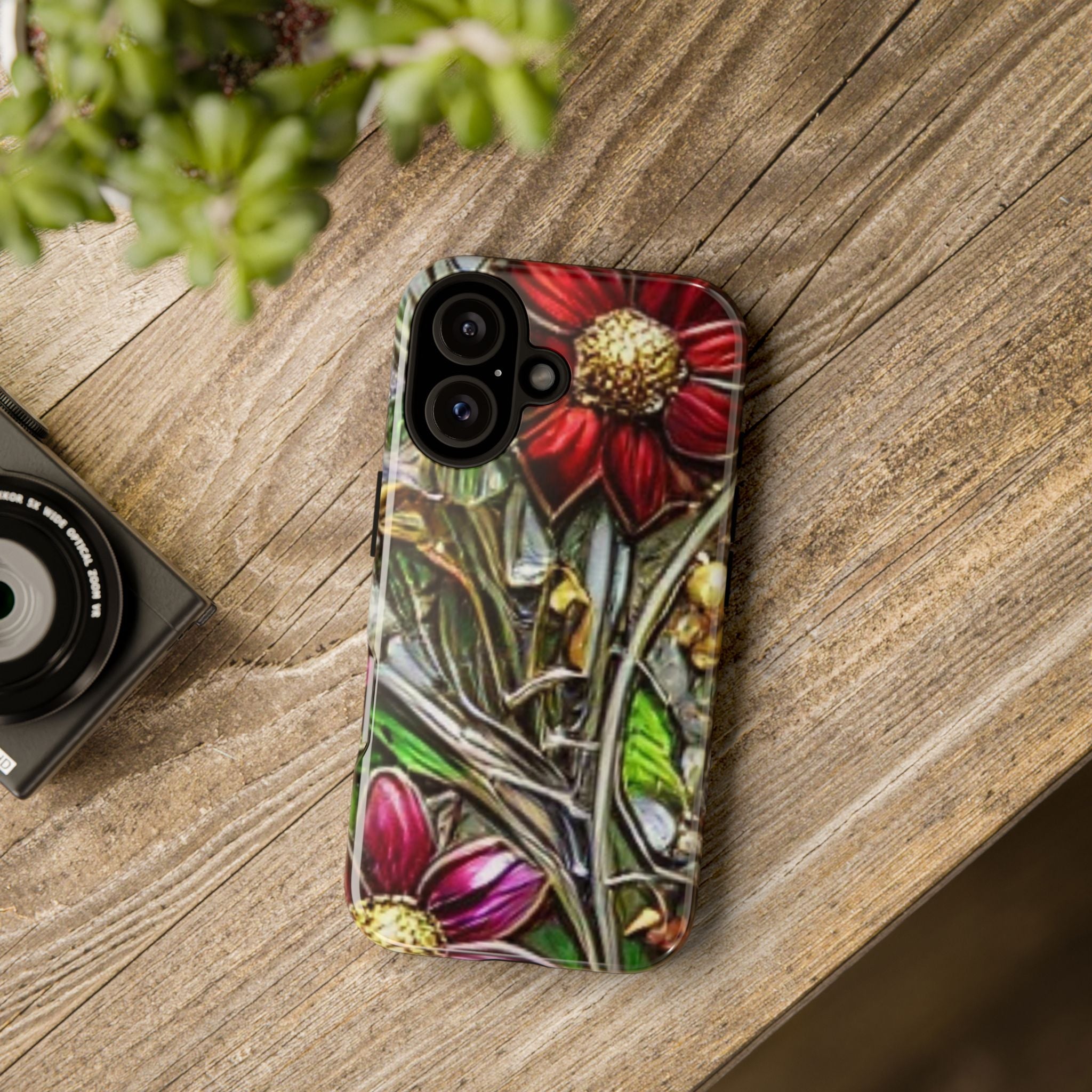 Floral Stained Glass Phone Case – Metallic Red & Purple Flower Design
