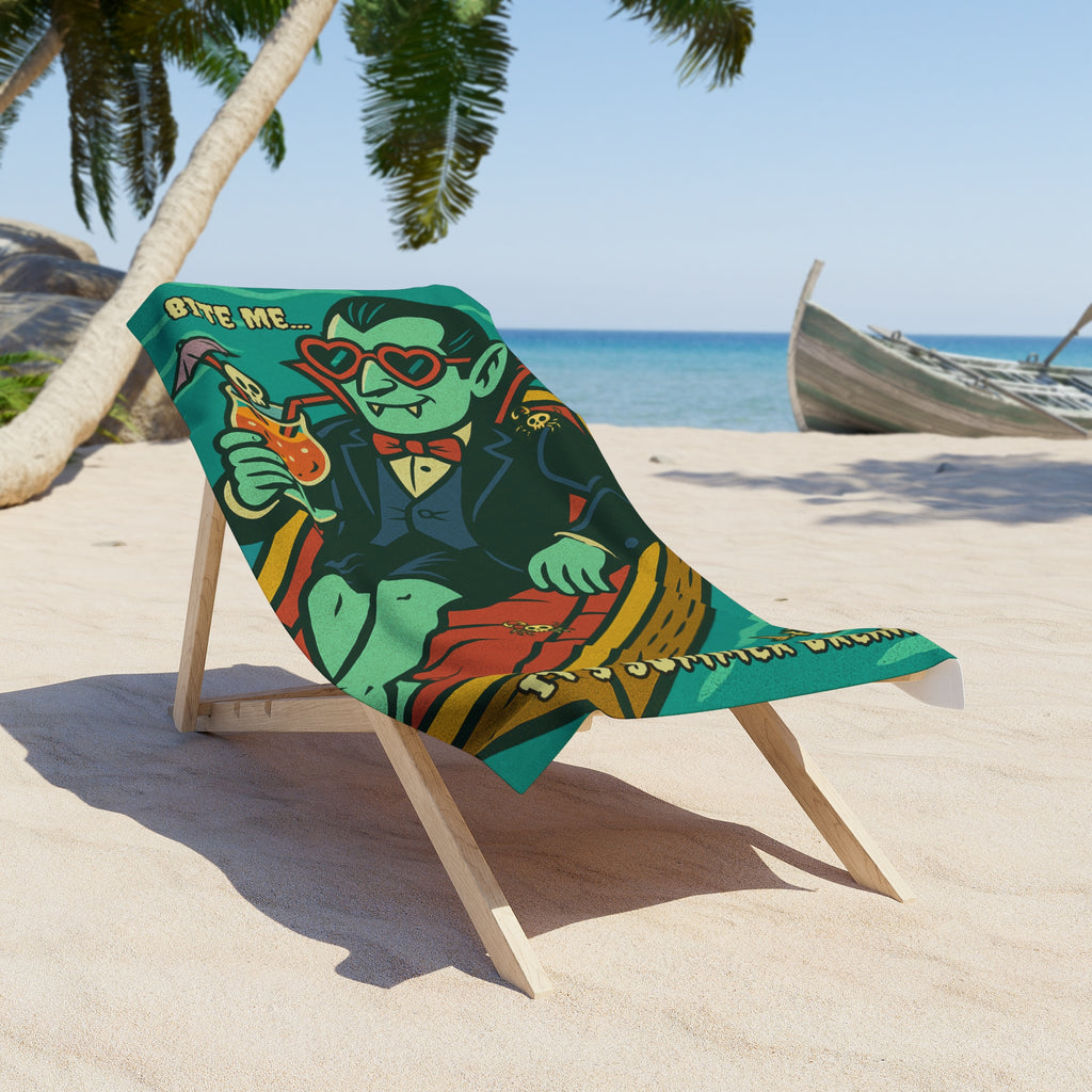 Summerween "Bite Me" Relaxing Vampire Beach Towel — Spooky Summer Vibes | Funny Halloween Pool Party Gift for Surfers & Skaters