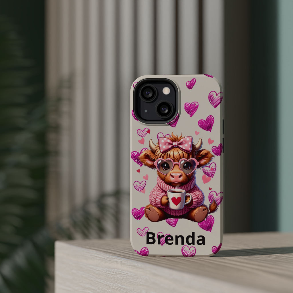 Highland Cow With Pink Hearts iPhone Case, Valentines Magnetic Impact-Resistant Case