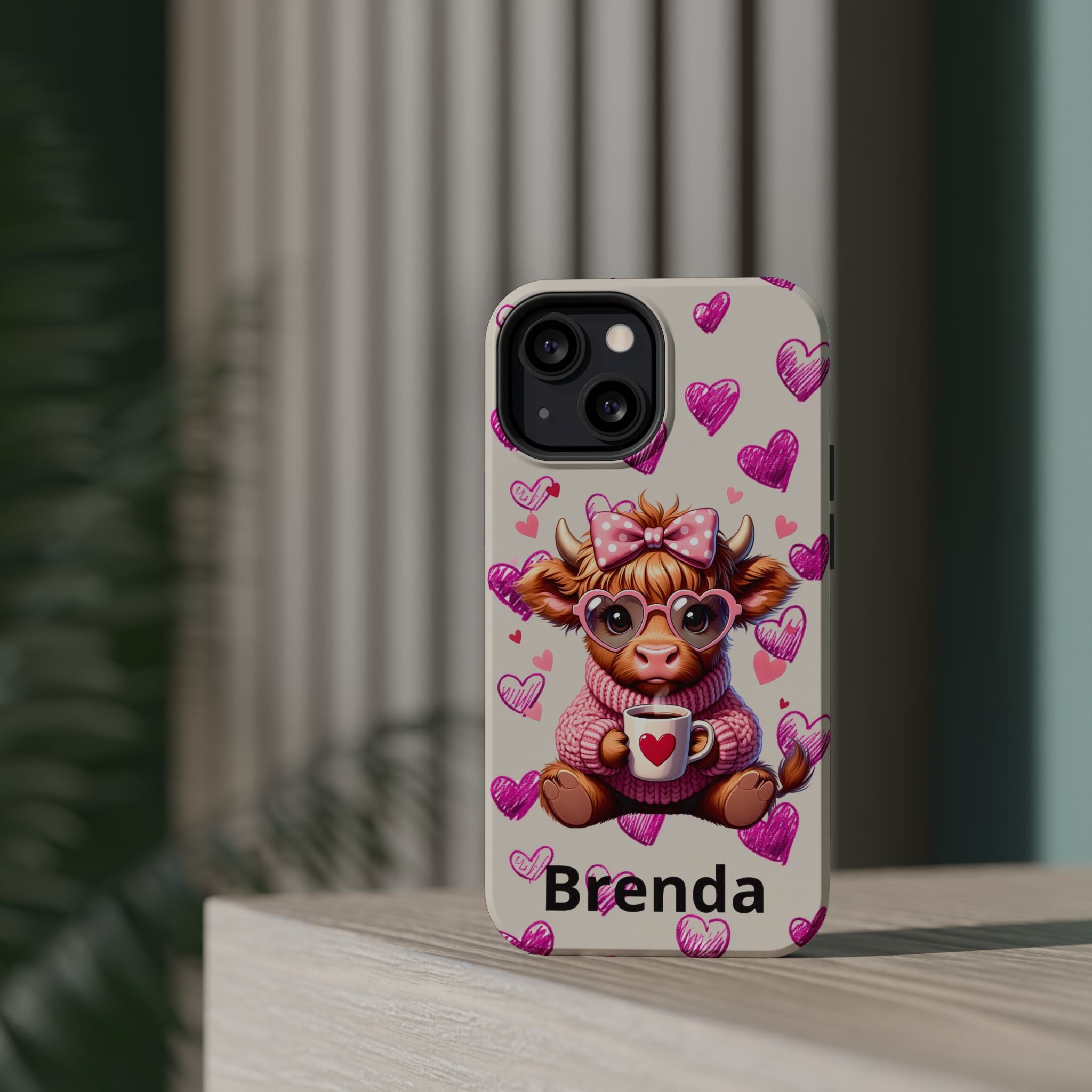 Highland Cow With Pink Hearts iPhone Case, Valentines Magnetic Impact-Resistant Case