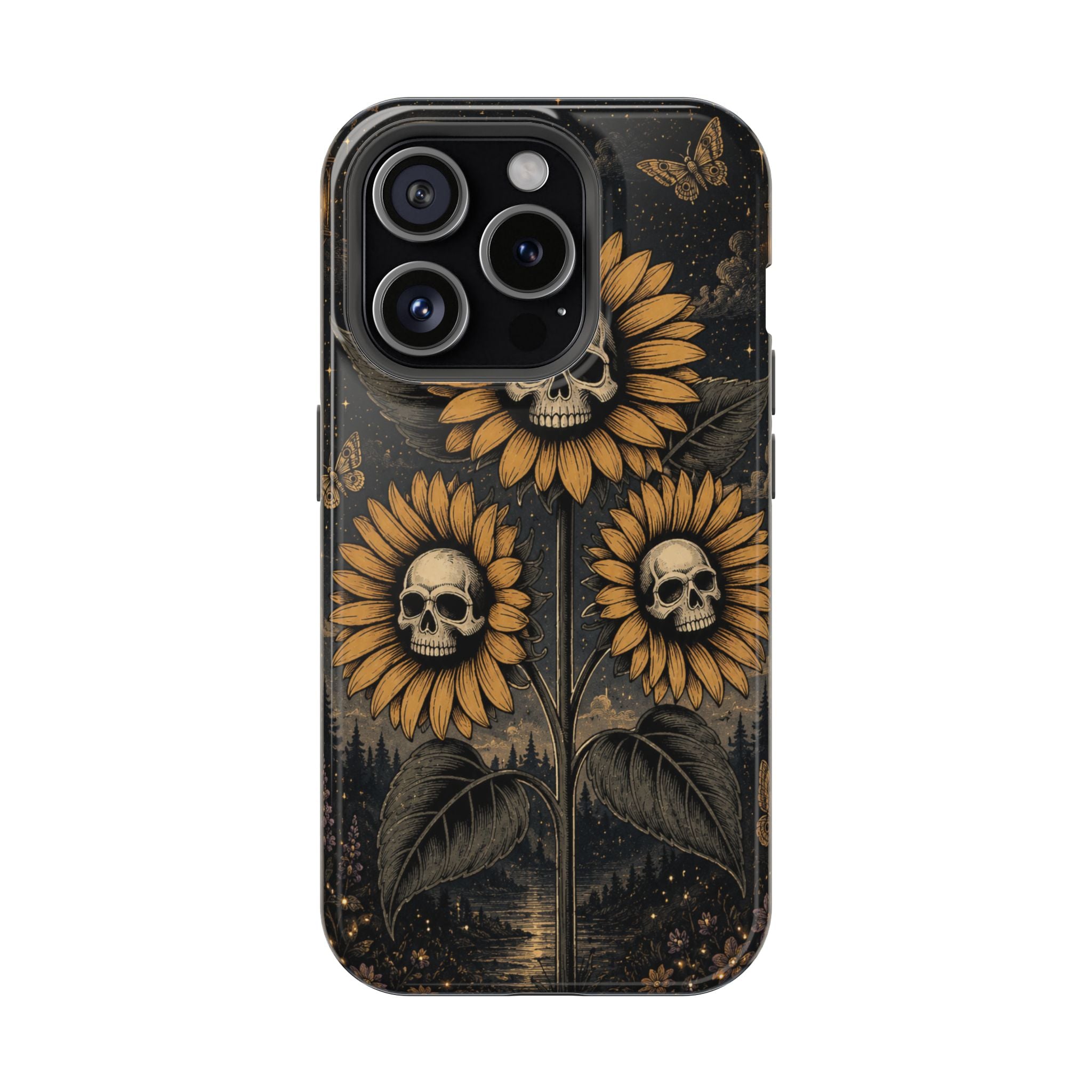 Skull Sunflowers Phone Case – Dark Floral MagSafe-Compatible Cover