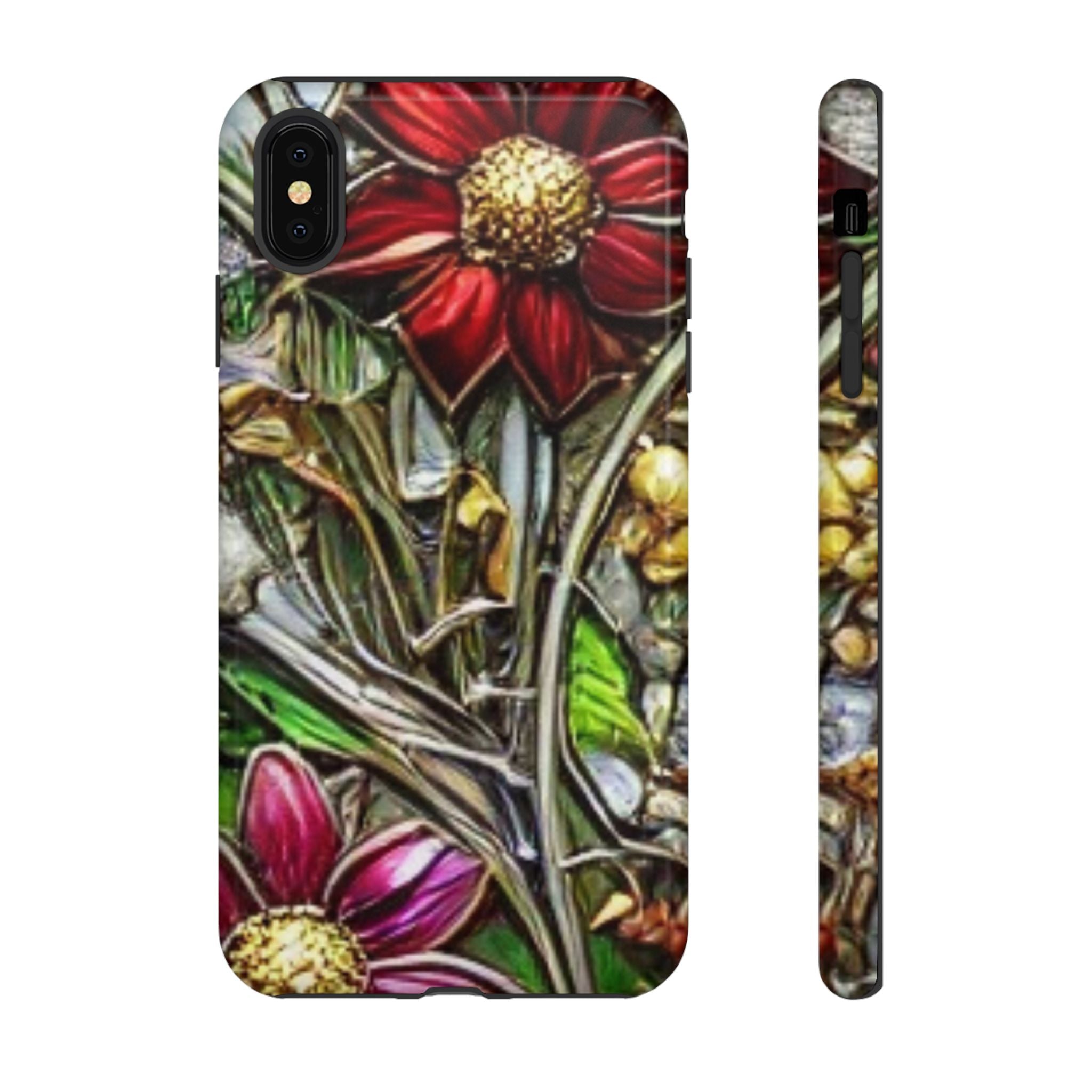 Floral Stained Glass Phone Case – Metallic Red & Purple Flower Design