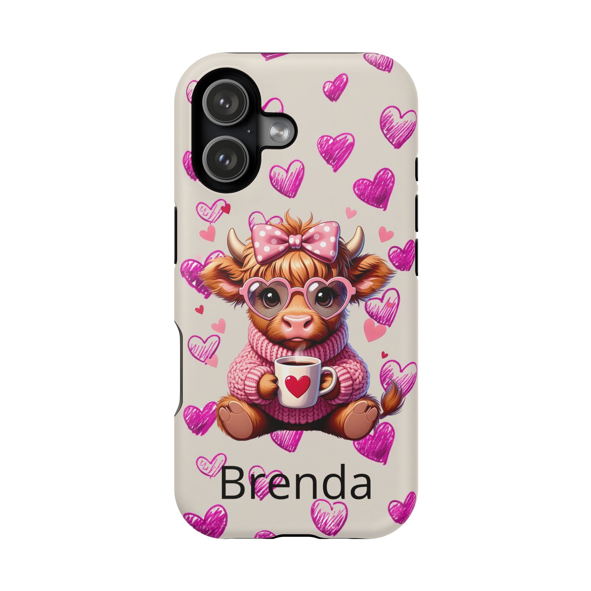 Highland Cow With Pink Hearts iPhone Case, Valentines Magnetic Impact-Resistant Case