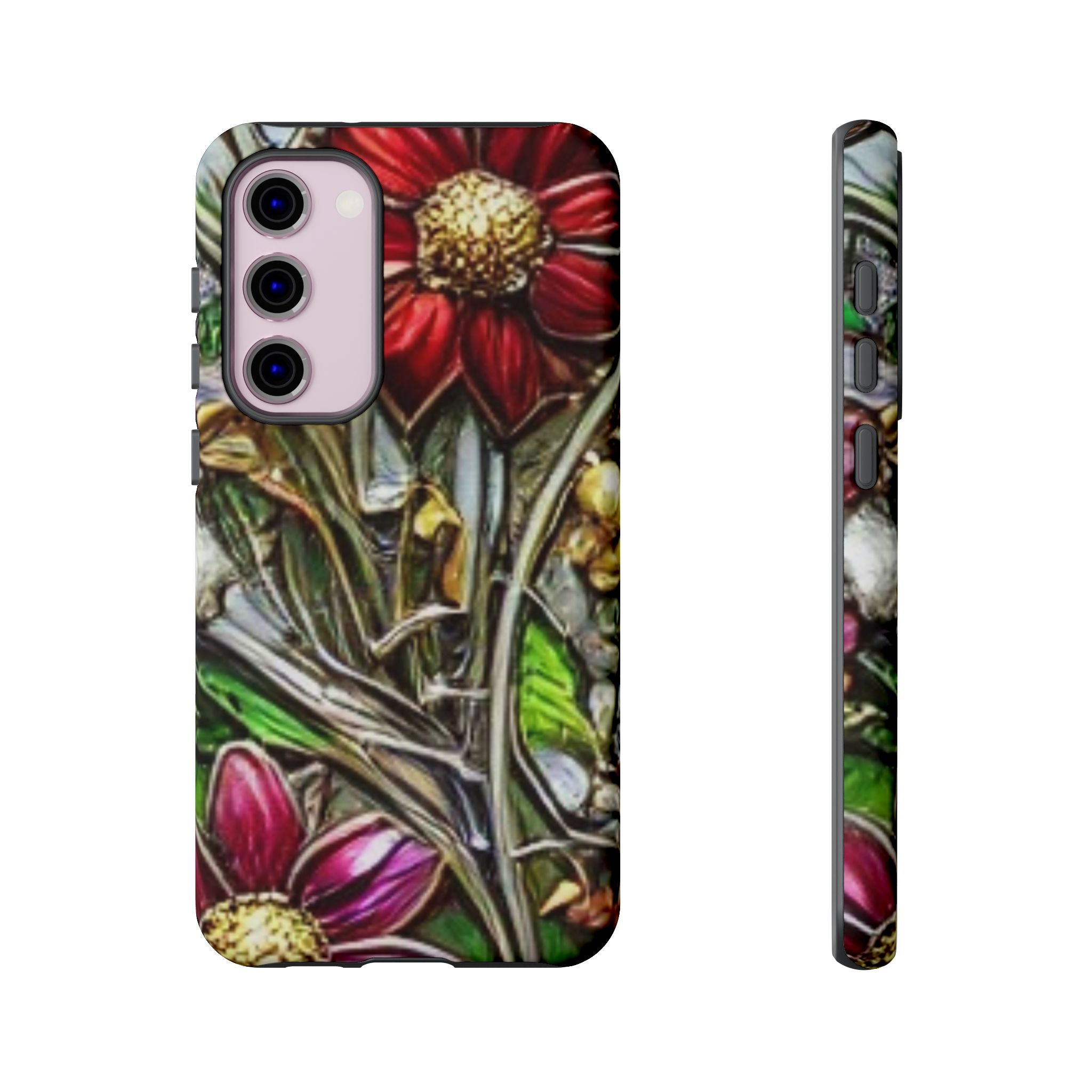 Floral Stained Glass Phone Case – Metallic Red & Purple Flower Design