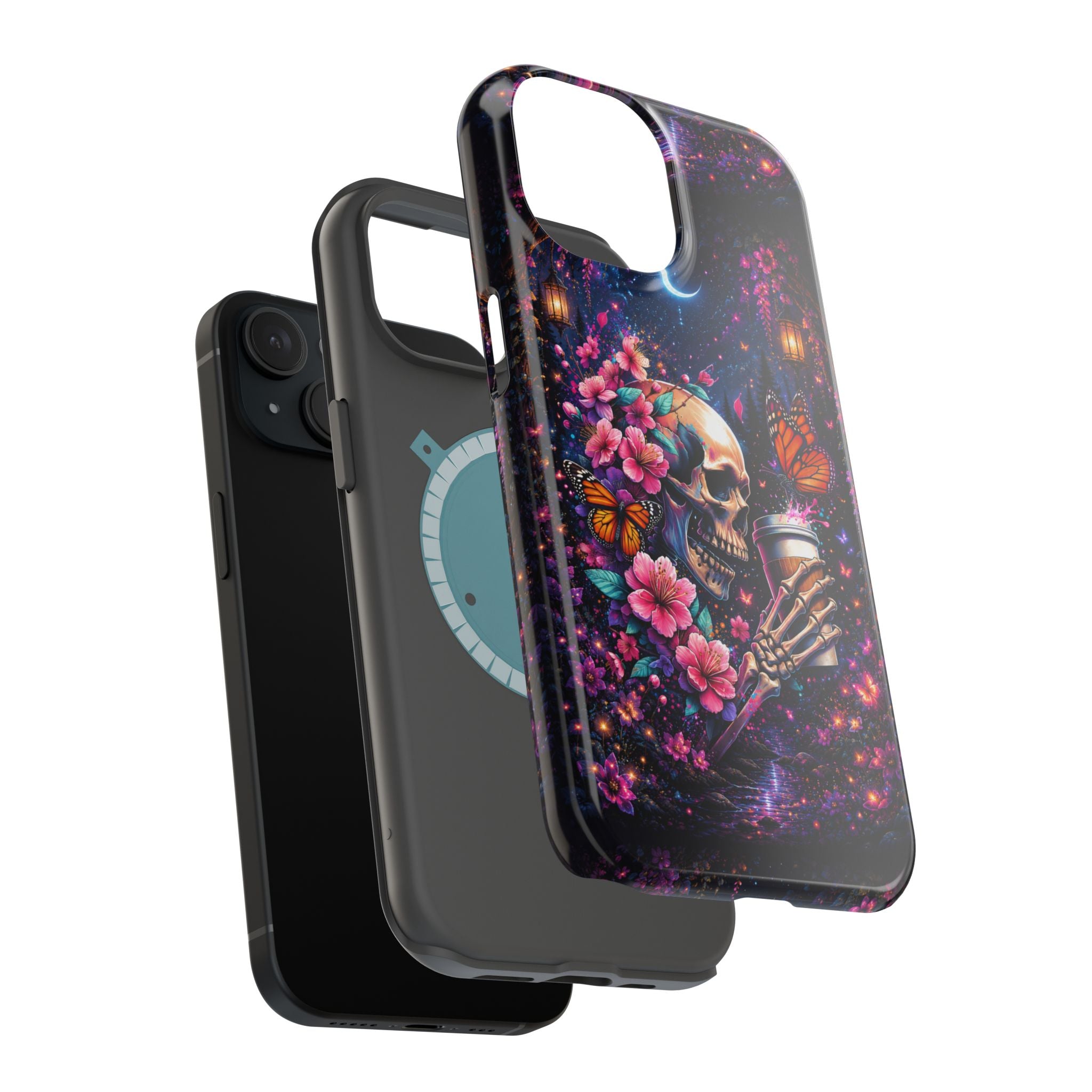 Skull & Cherry Blossom Phone Case – Floral Gothic MagSafe Cover