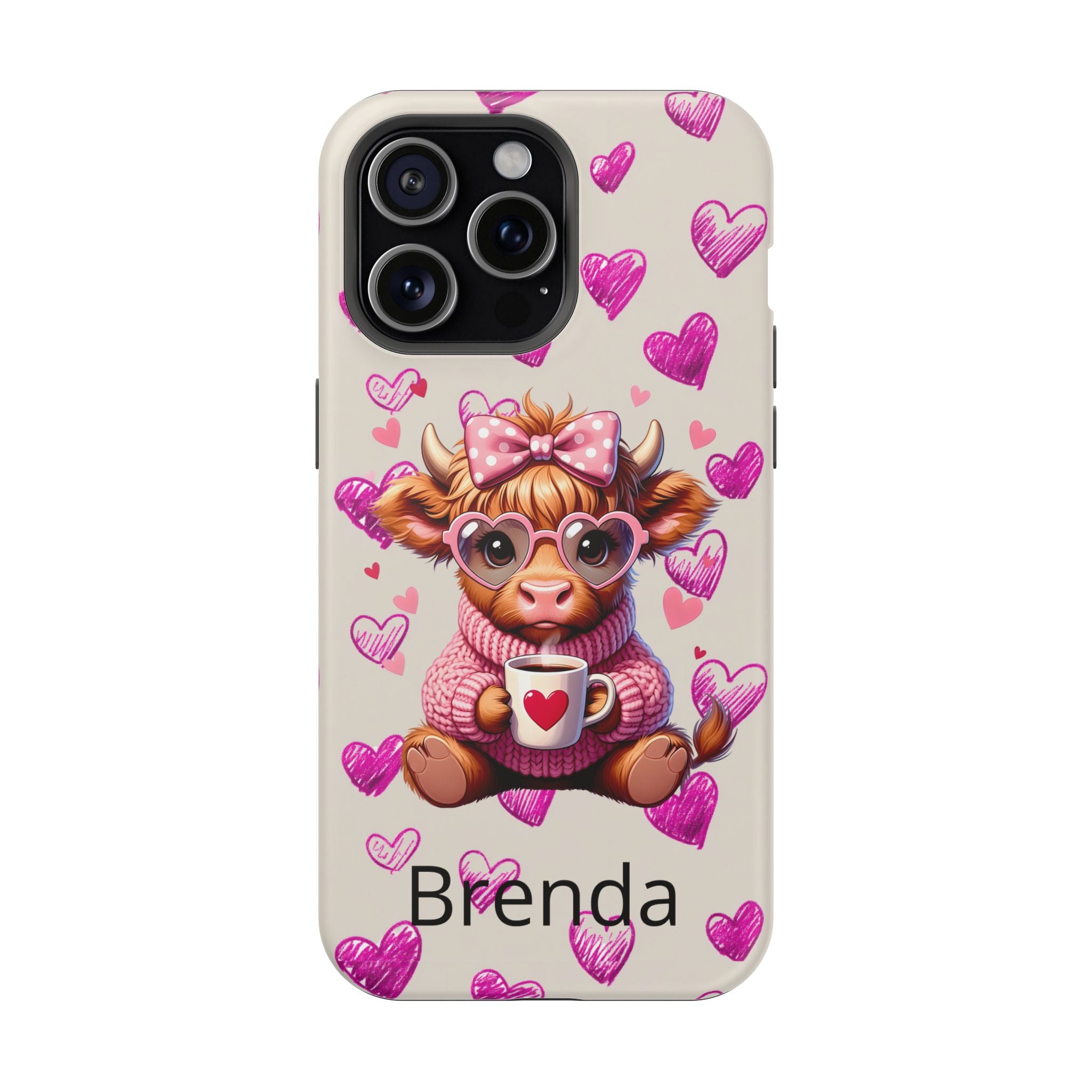 Highland Cow With Pink Hearts iPhone Case, Valentines Magnetic Impact-Resistant Case