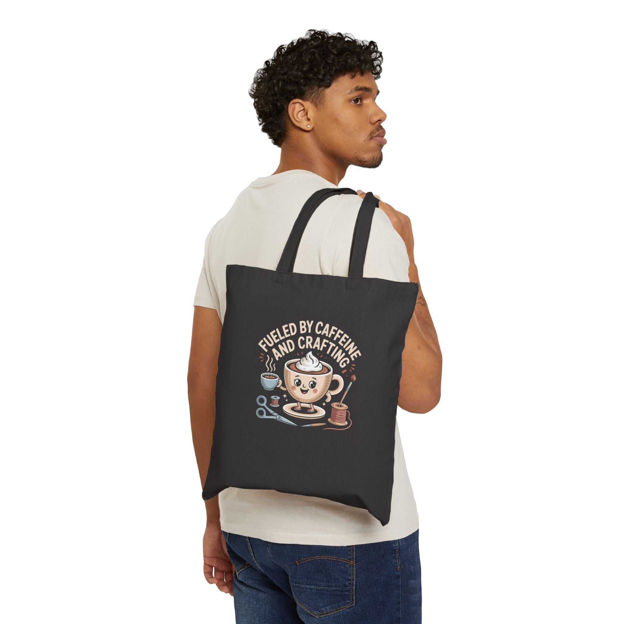 Fueled By Caffeine and Crafting Cotton Canvas Tote Bag, Black or Neutral Color, Reusable Grocery Bag, Crafting Group Matching Totes