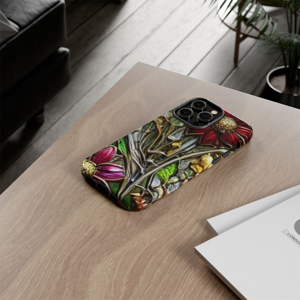 Floral Stained Glass Phone Case – Metallic Red & Purple Flower Design