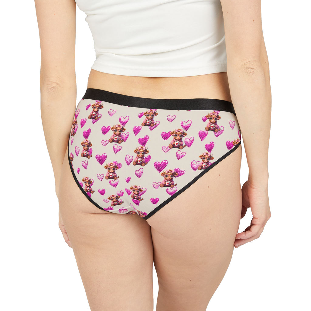 Pink Heart Highland Cow Print Bikini Briefs, Women's Underwear