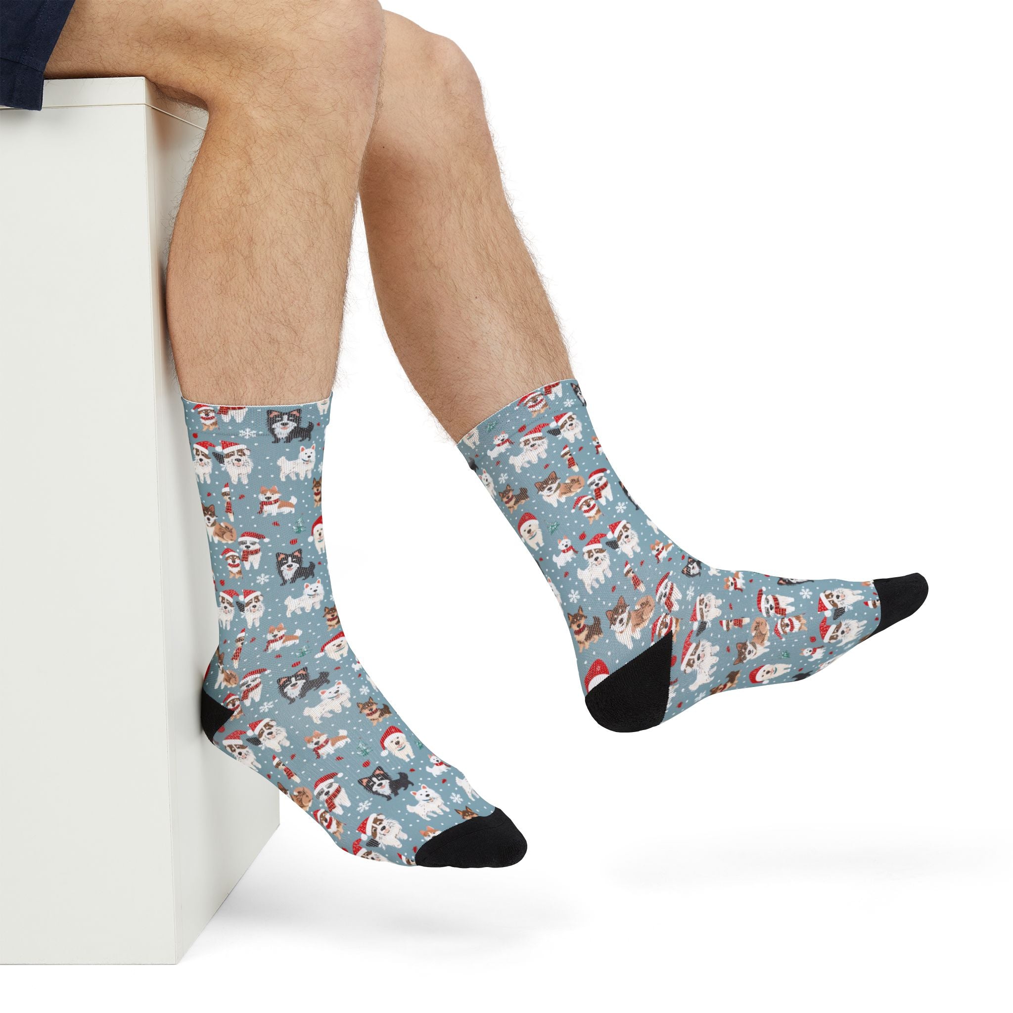 Christmas Dog Pattern Crew Socks — Holiday Huskies & Santa Pups Sublimation Socks