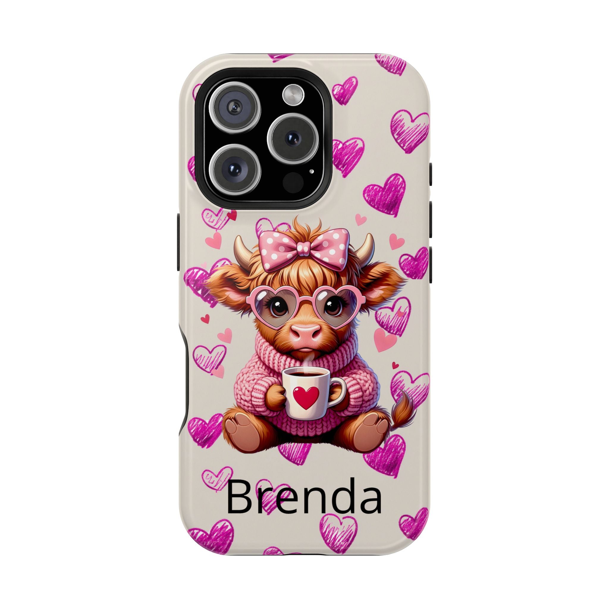 Highland Cow With Pink Hearts iPhone Case, Valentines Magnetic Impact-Resistant Case