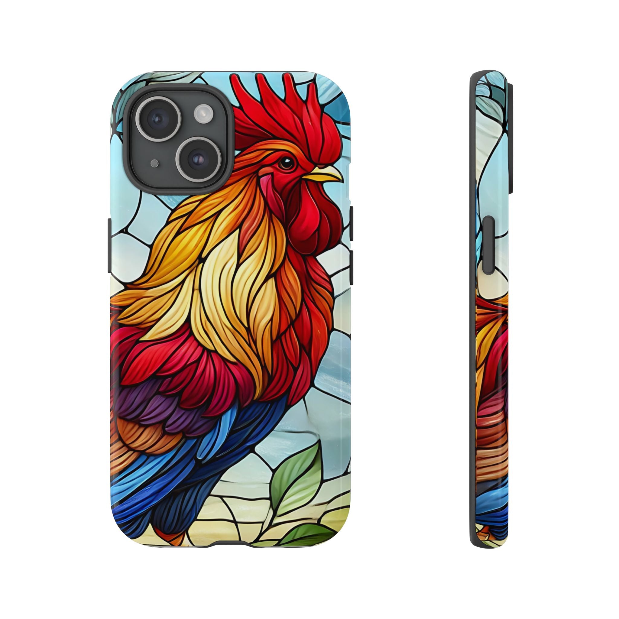 Rooster Faux Stained Glass Phone Case – 3D Full-Wrap Protective Cover with TPU Liner