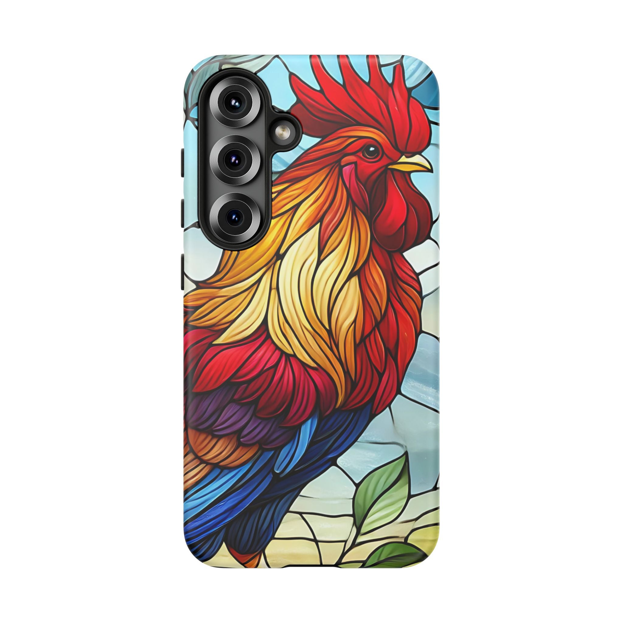 Rooster Faux Stained Glass Phone Case – 3D Full-Wrap Protective Cover with TPU Liner