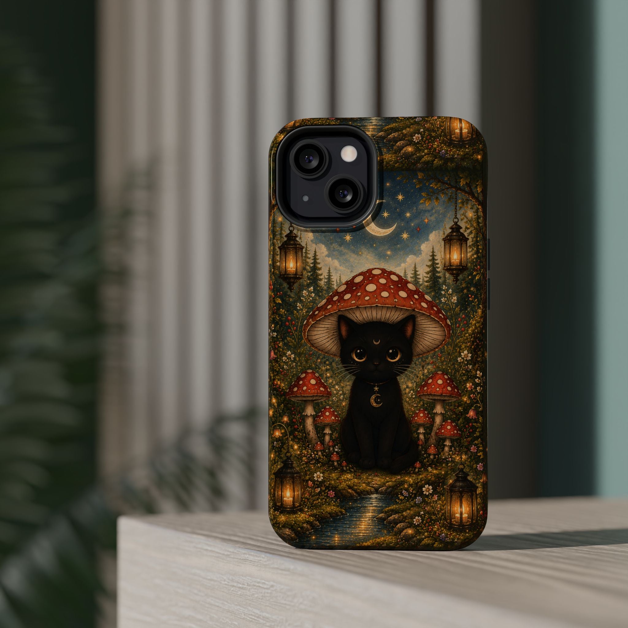 Black Cat & Mushroom Phone Case – Magical MagSafe-Compatible Cover