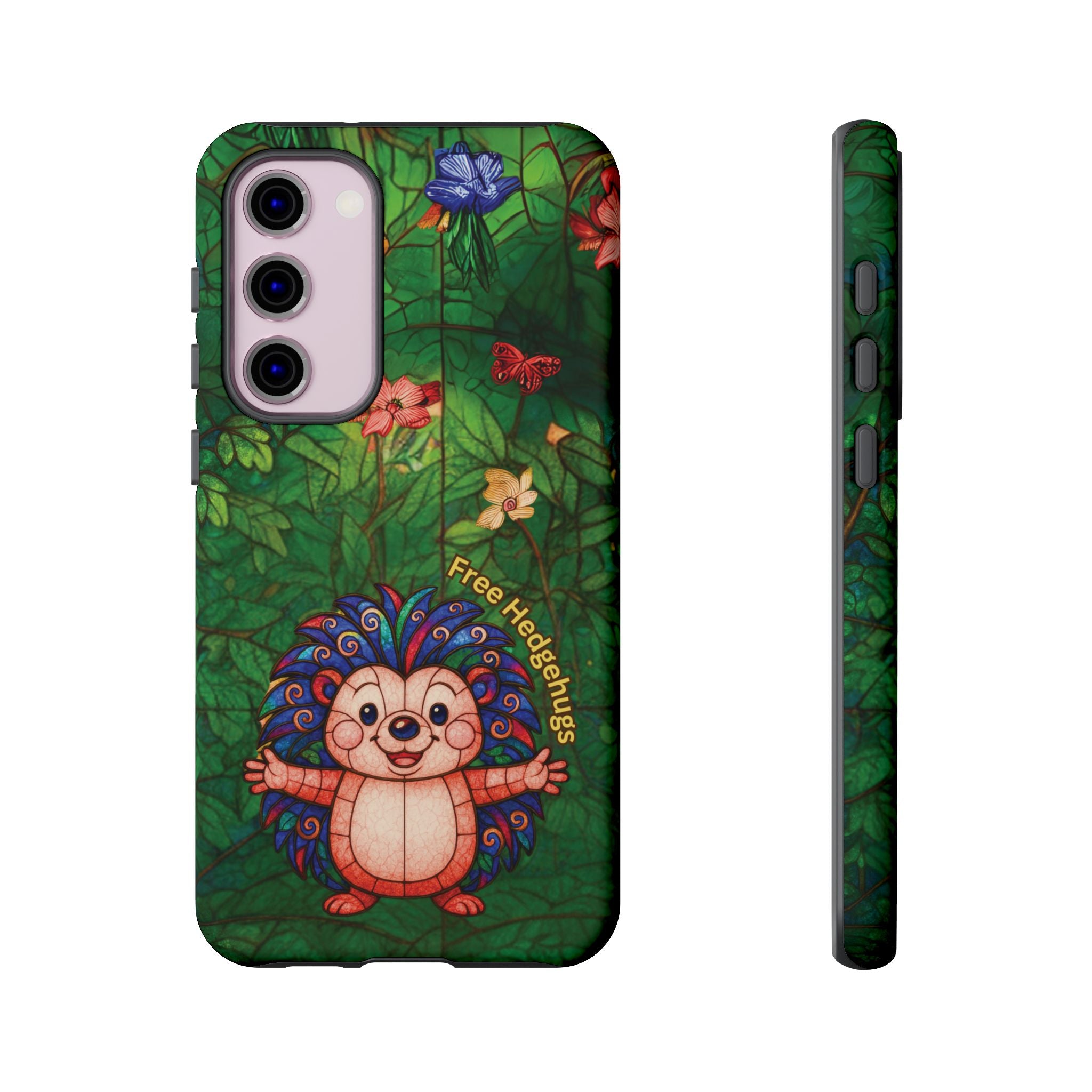 Stained Glass Hedgehog Phone Case – "Free Hedgehugs" Floral Design