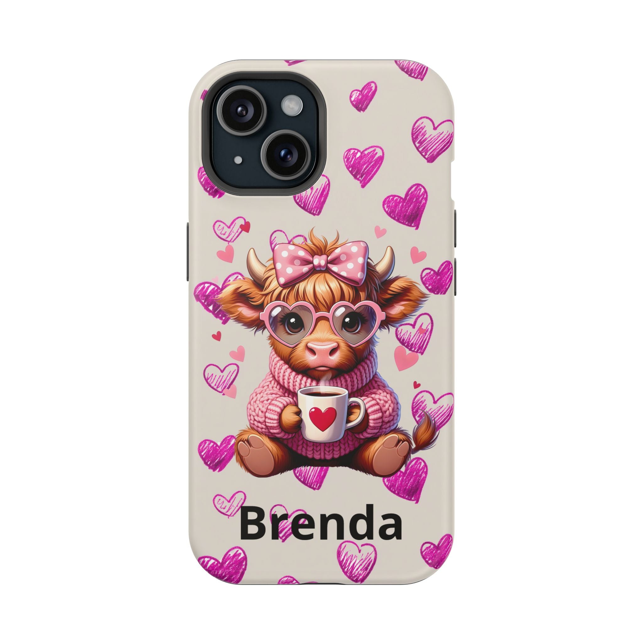 Highland Cow With Pink Hearts iPhone Case, Valentines Magnetic Impact-Resistant Case