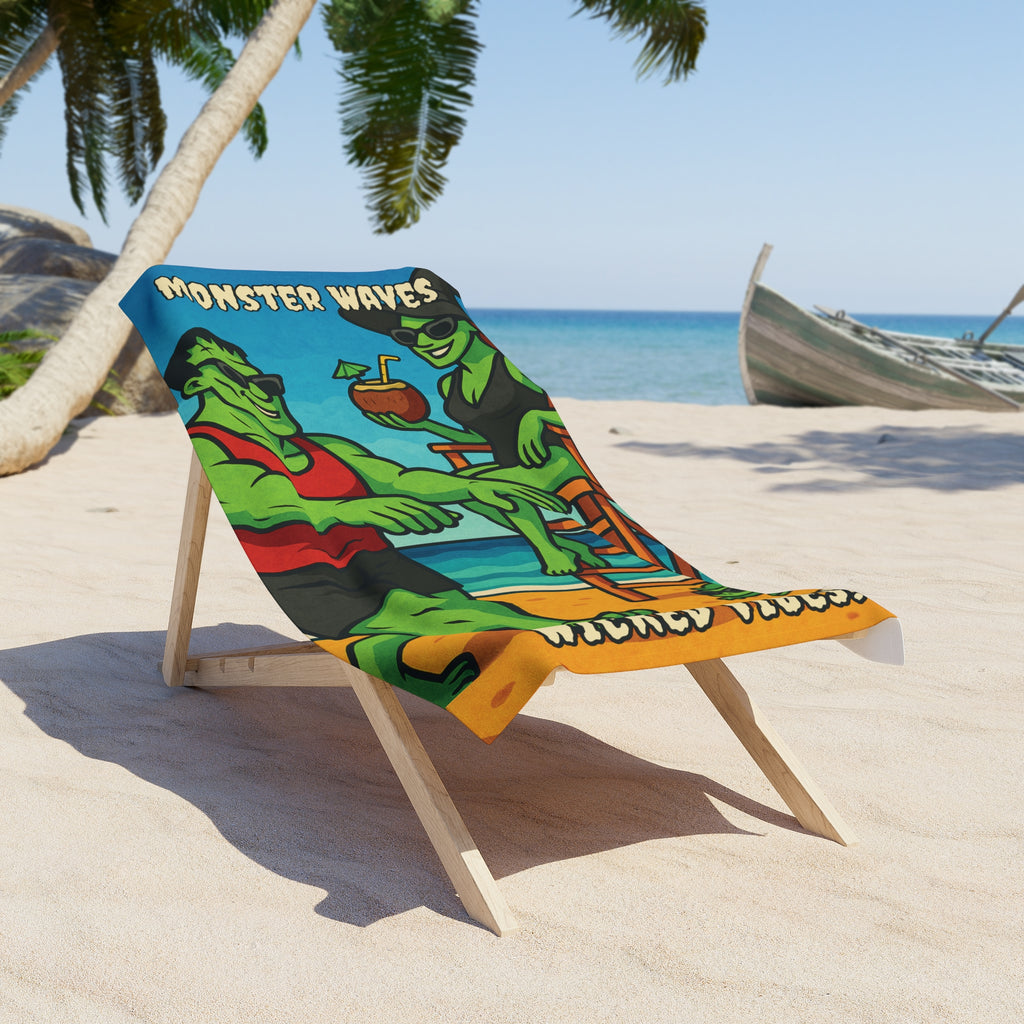 Summerween Frankenstein Surfer & Witchy Lifeguard Beach Towel — Spooky Summer Wicked Vibes | Halloween Pool Party Gift for Surfers & Skaters