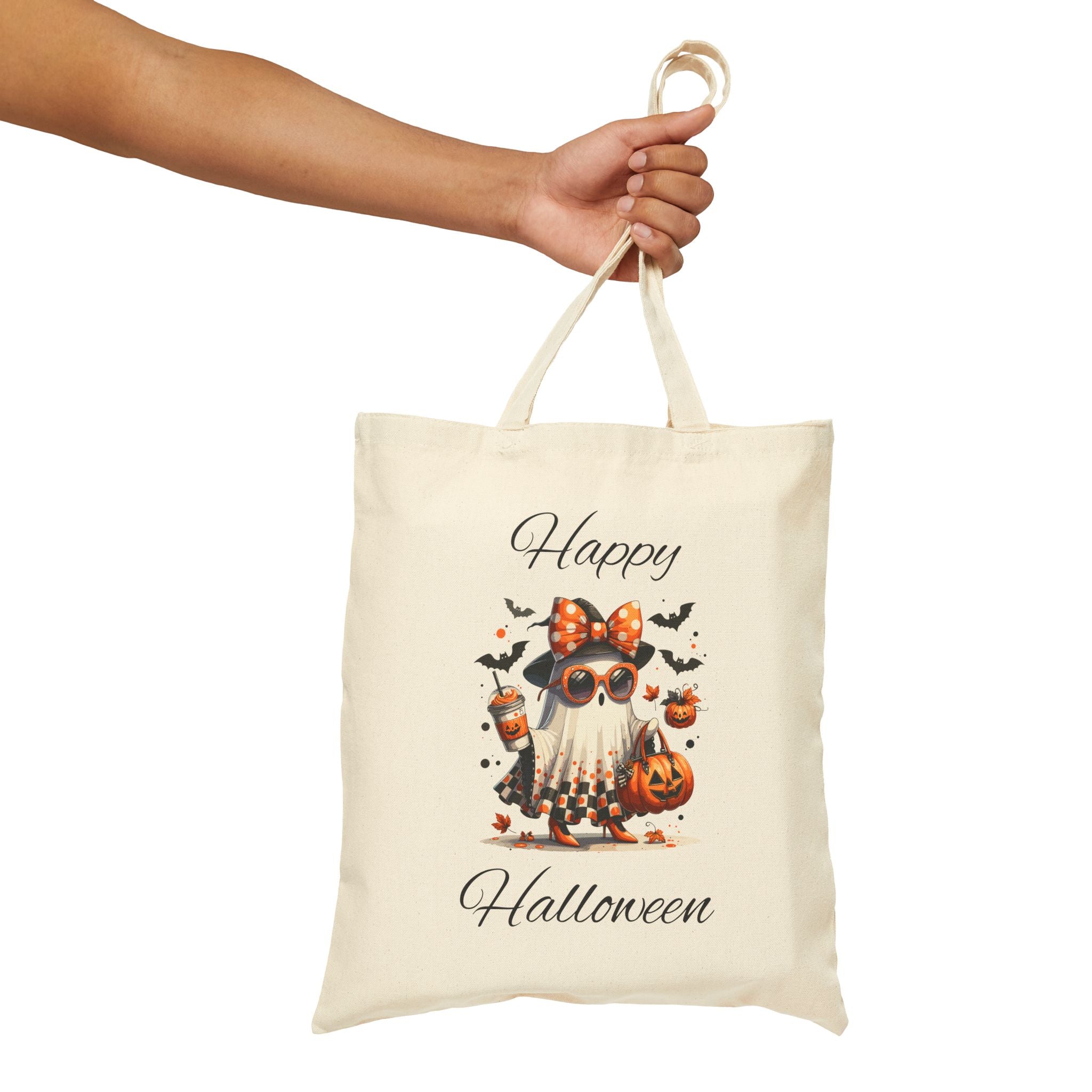 Cotton Canvas Halloween Trick or Treat Tote Bag, Fall Decor Reusable Shopping Bag Bougie Ghost Design Teacher Gift Sturdy Student Laptop Bag
