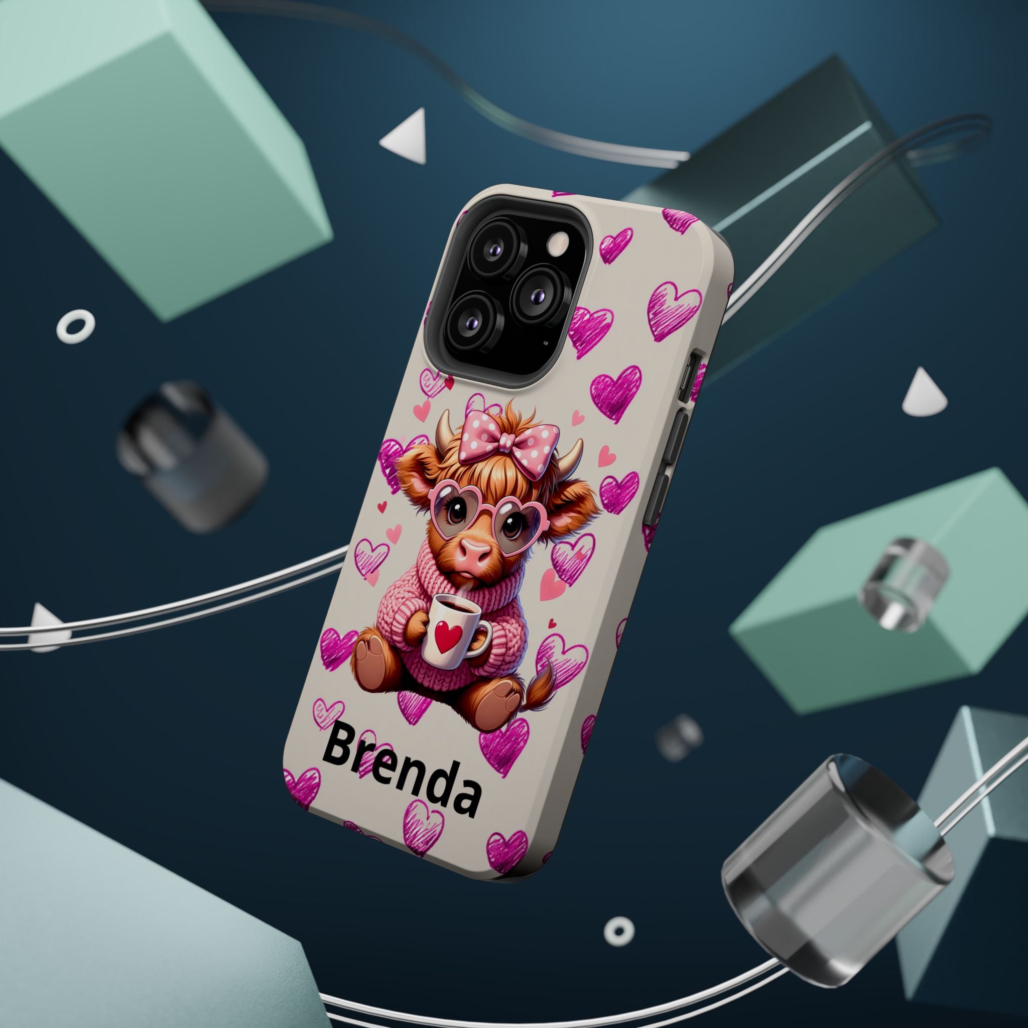 Highland Cow With Pink Hearts iPhone Case, Valentines Magnetic Impact-Resistant Case