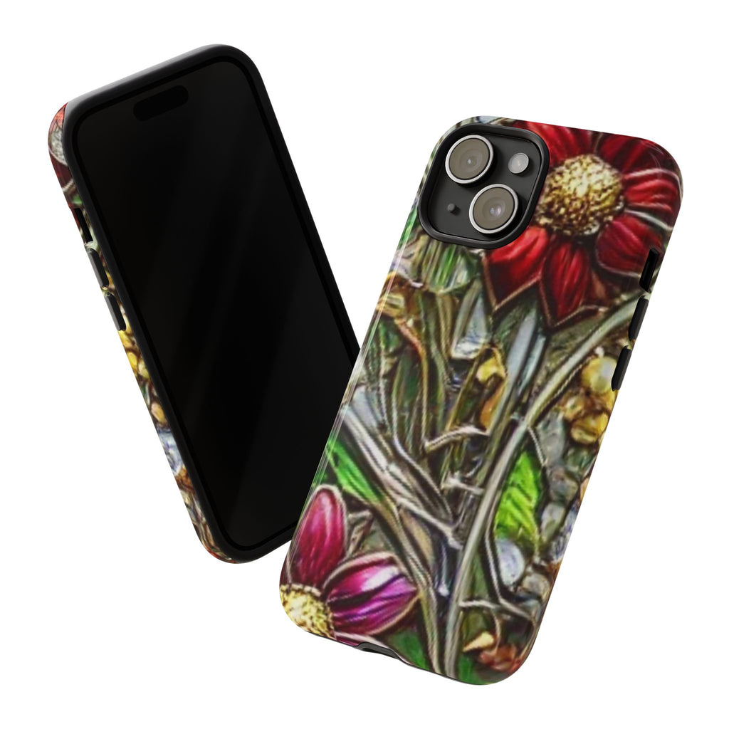 Floral Stained Glass Phone Case – Metallic Red & Purple Flower Design