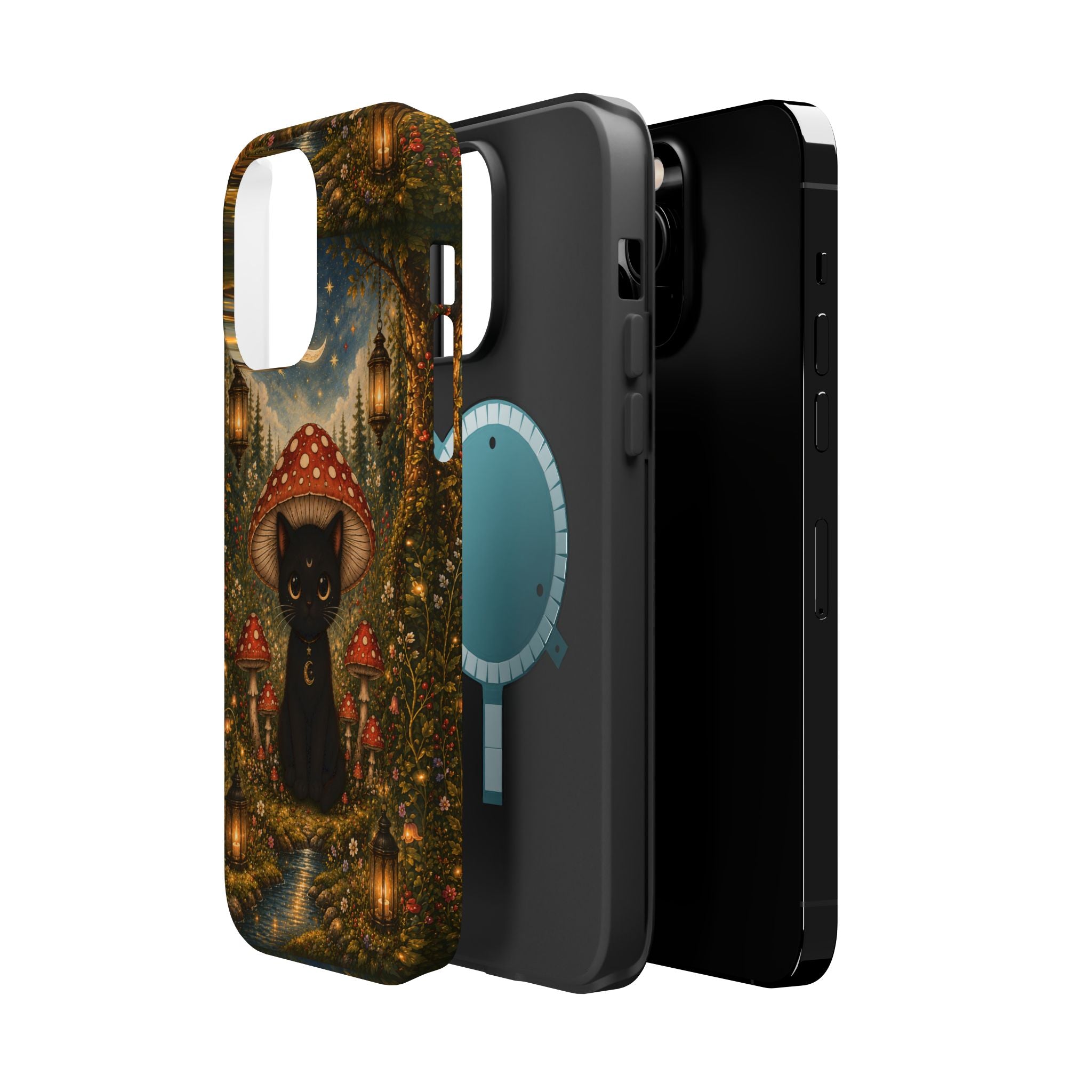 Black Cat & Mushroom Phone Case – Magical MagSafe-Compatible Cover