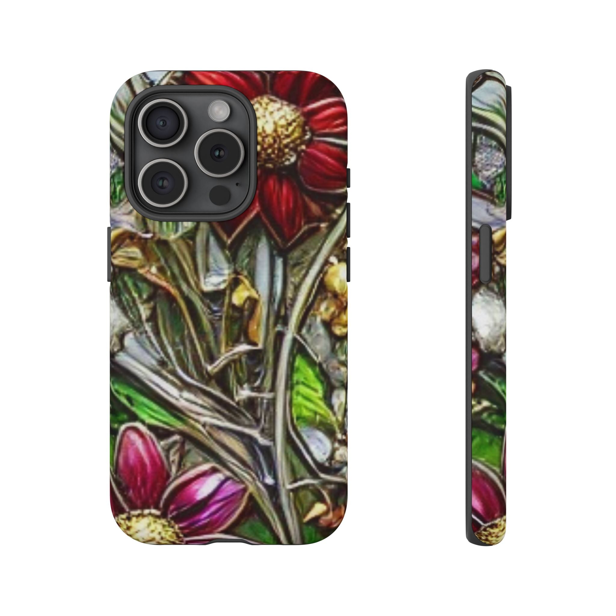Floral Stained Glass Phone Case – Metallic Red & Purple Flower Design