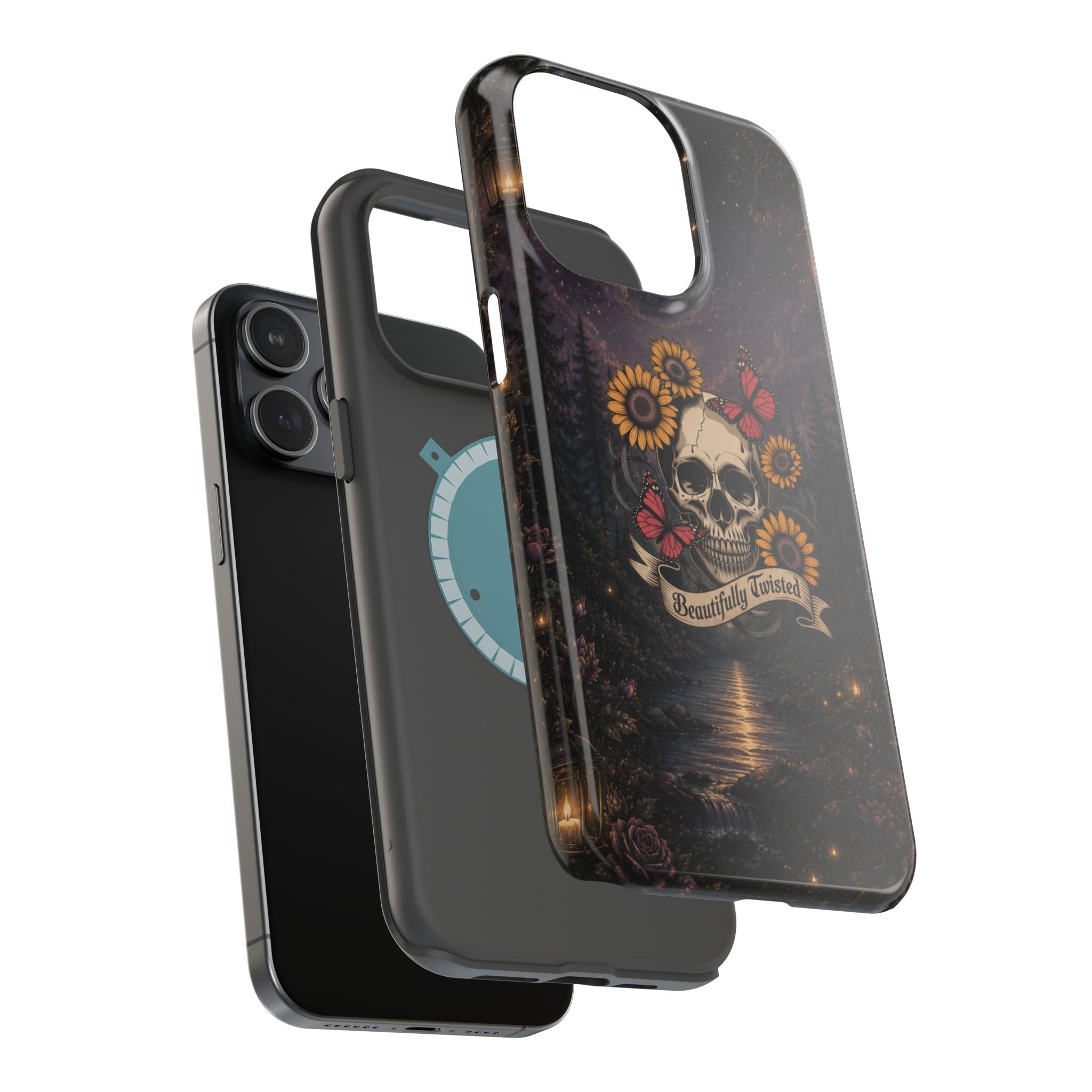 Skull, Sunflowers & Butterflies Phone Case – "Beautifully Twisted" MagSafe Cover
