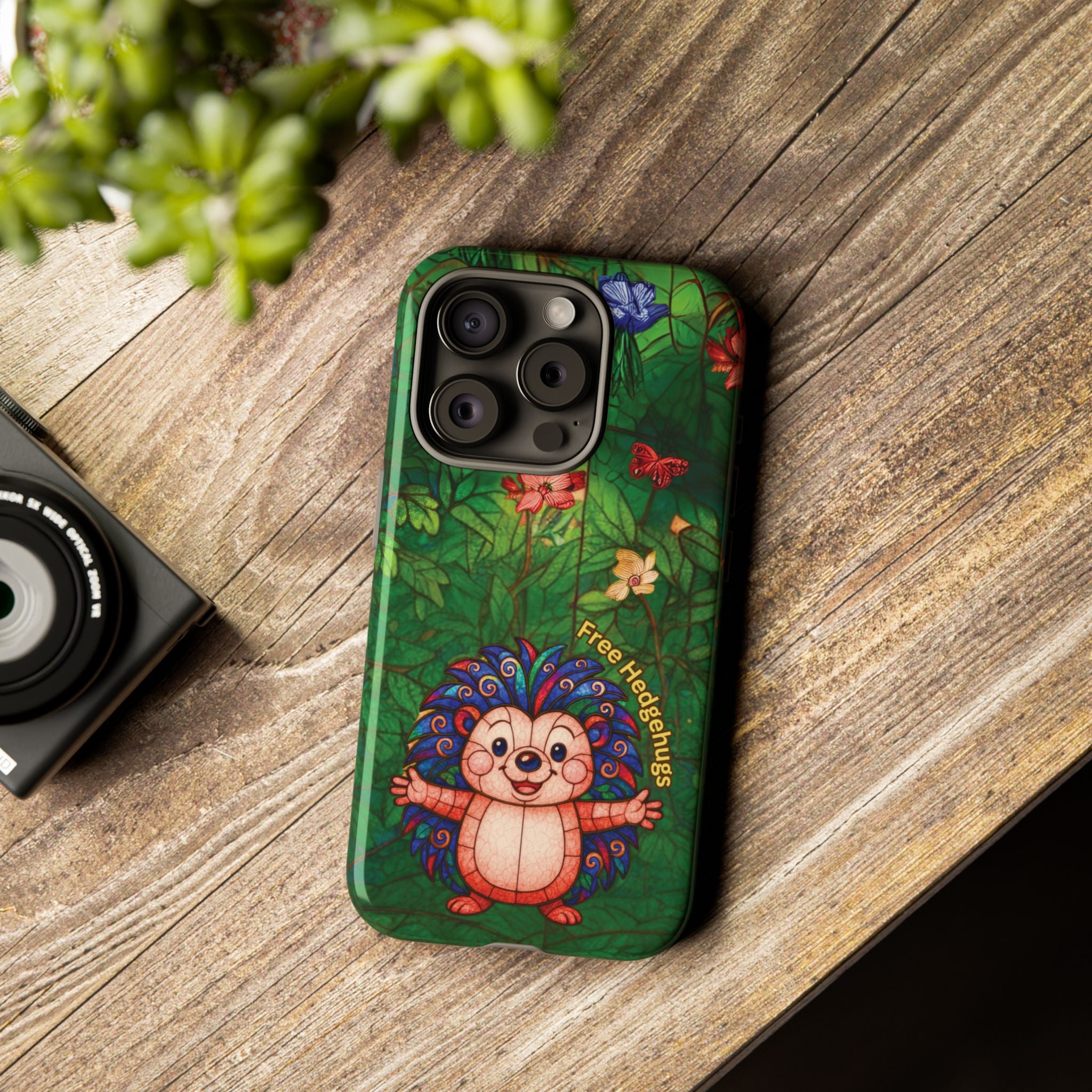 Stained Glass Hedgehog Phone Case – "Free Hedgehugs" Floral Design