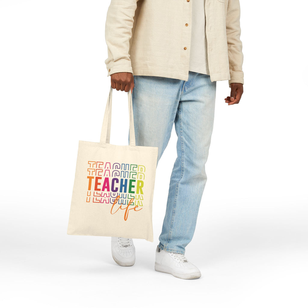 Colorful Teacher Life Tote Bag, End of Year Teacher Appreciation Gift, Reusable Rainbow Shopping Bag
