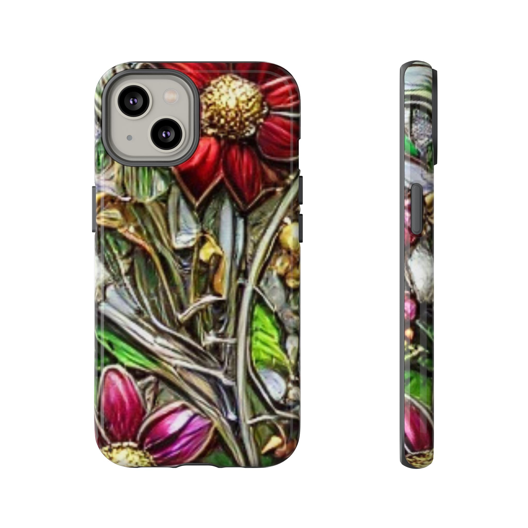 Floral Stained Glass Phone Case – Metallic Red & Purple Flower Design