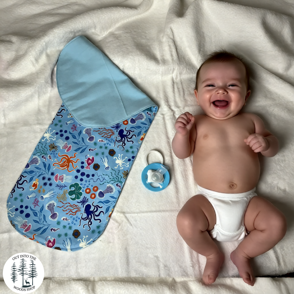 Blue Glow in the Dark Ocean Baby Gift Set – Handmade Bib, Burp Cloth & Pacifier Holder for Newborns (0–3 Months)