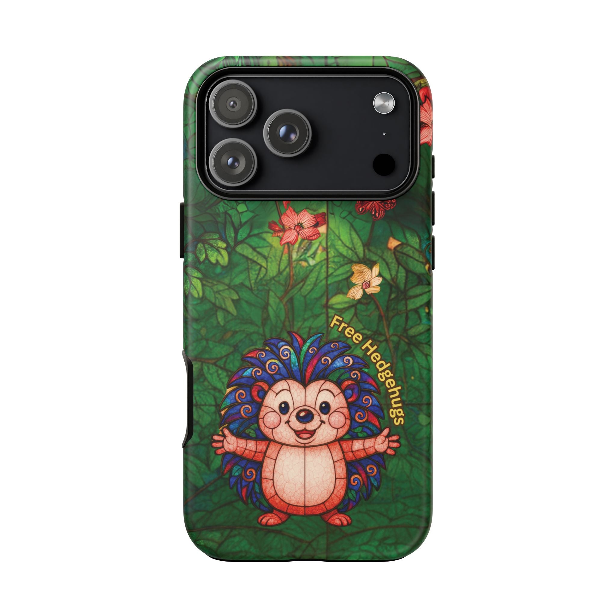 Stained Glass Hedgehog Phone Case – "Free Hedgehugs" Floral Design