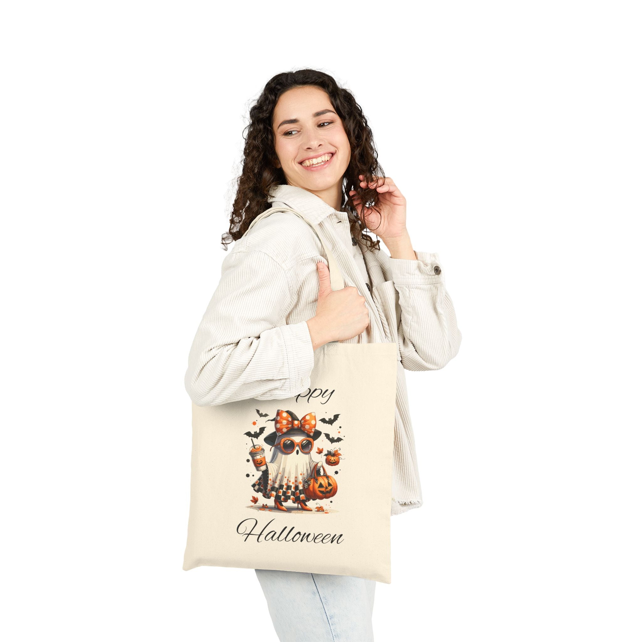 Cotton Canvas Halloween Trick or Treat Tote Bag, Fall Decor Reusable Shopping Bag Bougie Ghost Design Teacher Gift Sturdy Student Laptop Bag