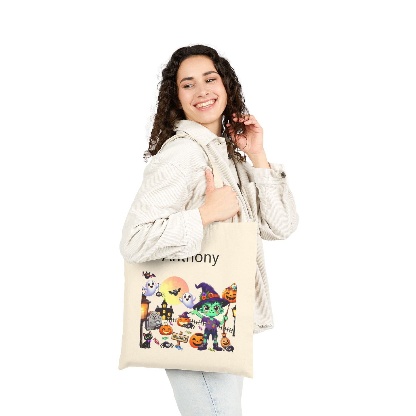 Personalized Trick or Treat Bag, Cute Ghost Pumpkin Halloween Candy Bag, Custom Customization Trick-Or-Treat, Cotton Canvas Tote Bag