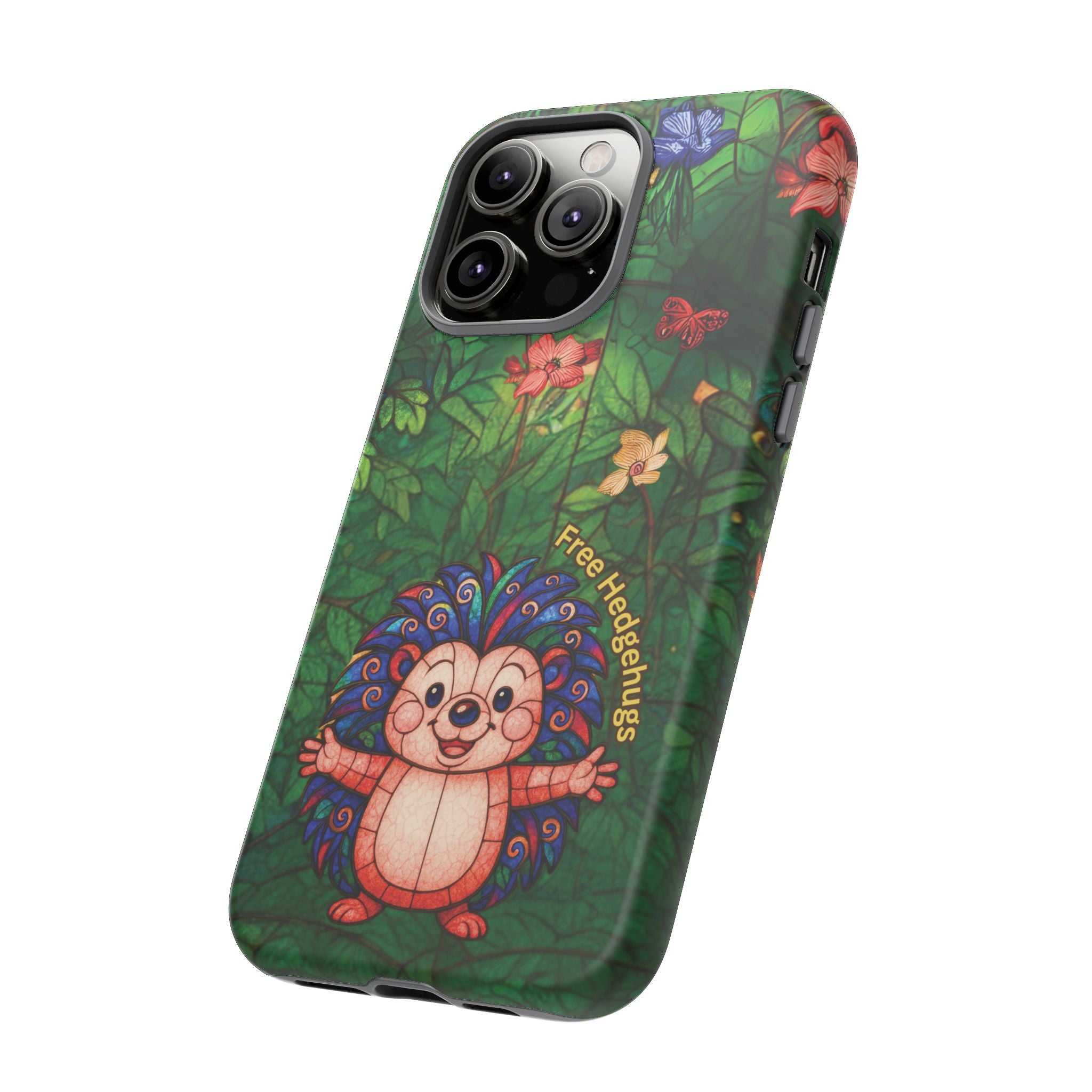 Stained Glass Hedgehog Phone Case – "Free Hedgehugs" Floral Design